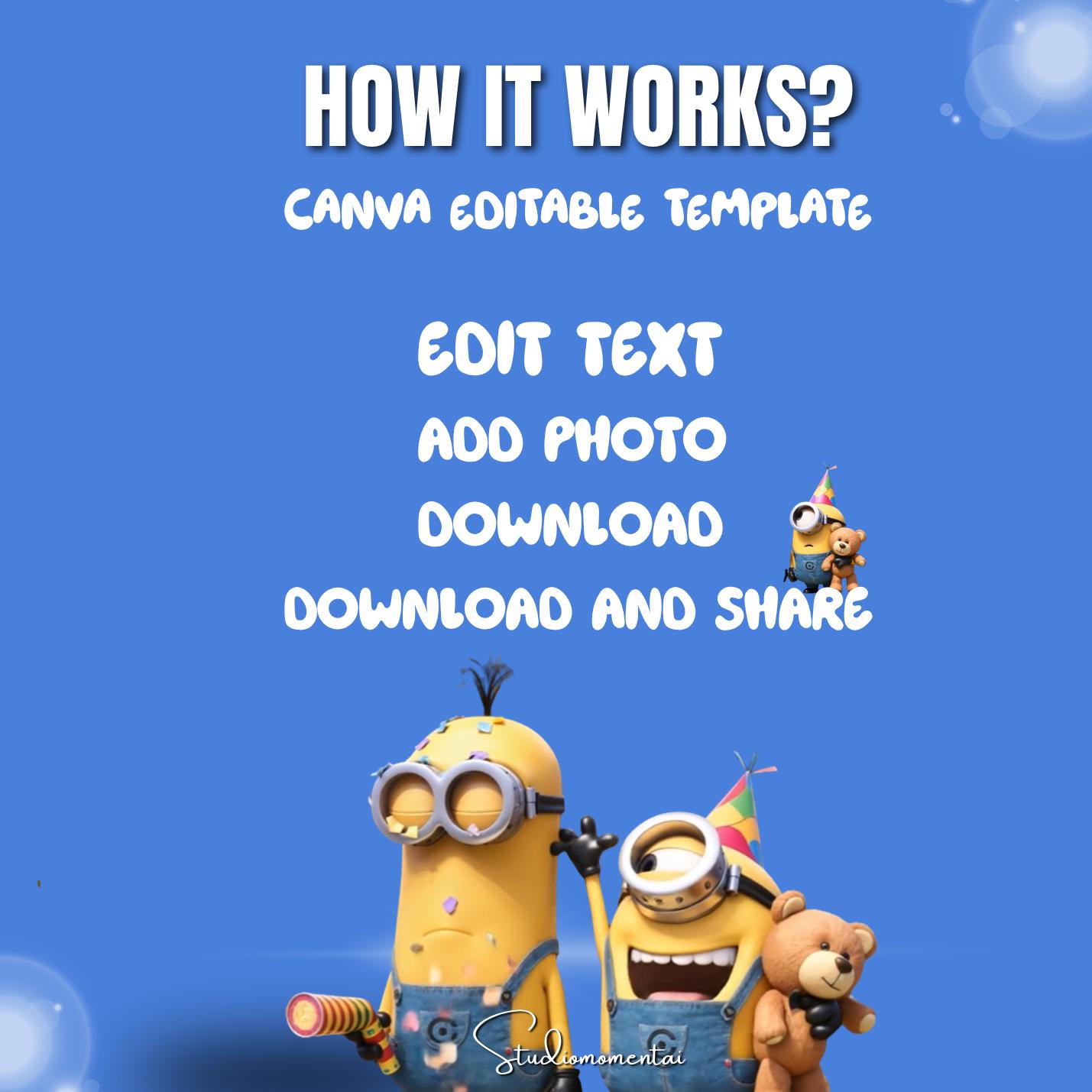 Modèle de vidéo d’anniversaire Minions, message vidéo personnalisé pour enfant, MP4 modifiable sur Canva avec photo de l’enfant
