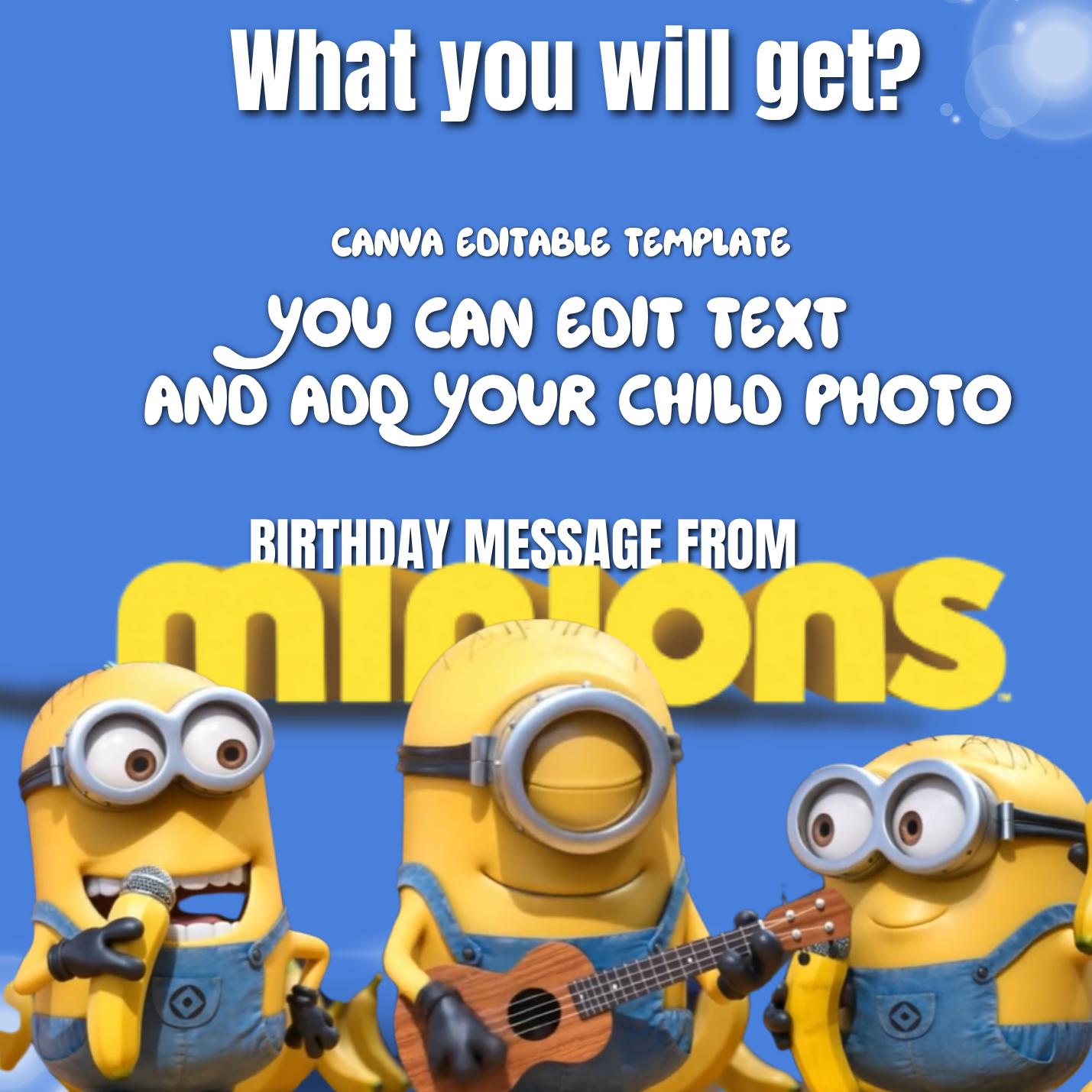 Modèle de vidéo d’anniversaire Minions, message vidéo personnalisé pour enfant, MP4 modifiable sur Canva avec photo de l’enfant