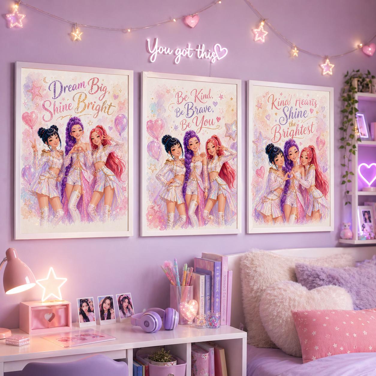 Lot de 3 affiches KPOP Demon Hunters, décoration murale A2 pour chambre de fille, impressions numériques inspirées de la K-pop et motivantes