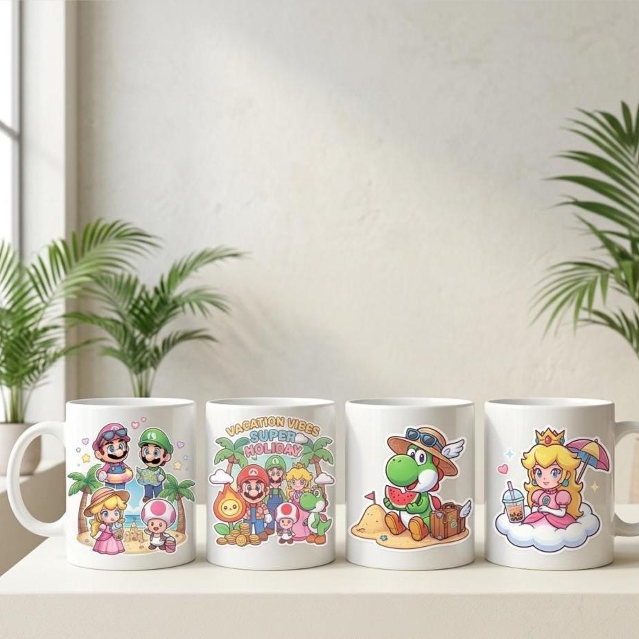 Cliparts aquarelle Super Mario Bros 4000px, clipart Super Mario, topper de gâteau Mario, Princesse Peach, Luigi, Toad, Yoshi, PNG thème vacances