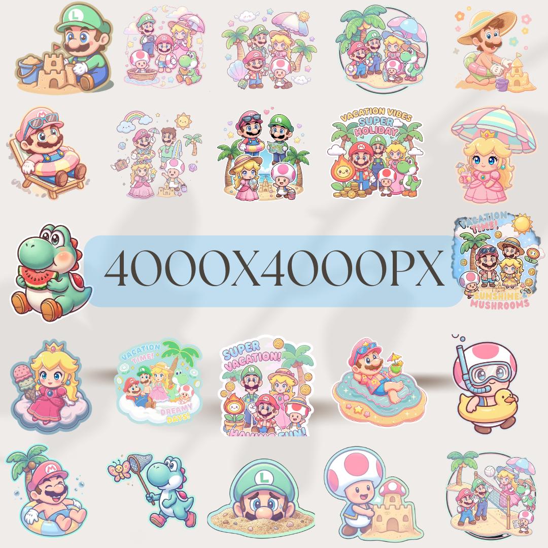 Cliparts aquarelle Super Mario Bros 4000px, clipart Super Mario, topper de gâteau Mario, Princesse Peach, Luigi, Toad, Yoshi, PNG thème vacances