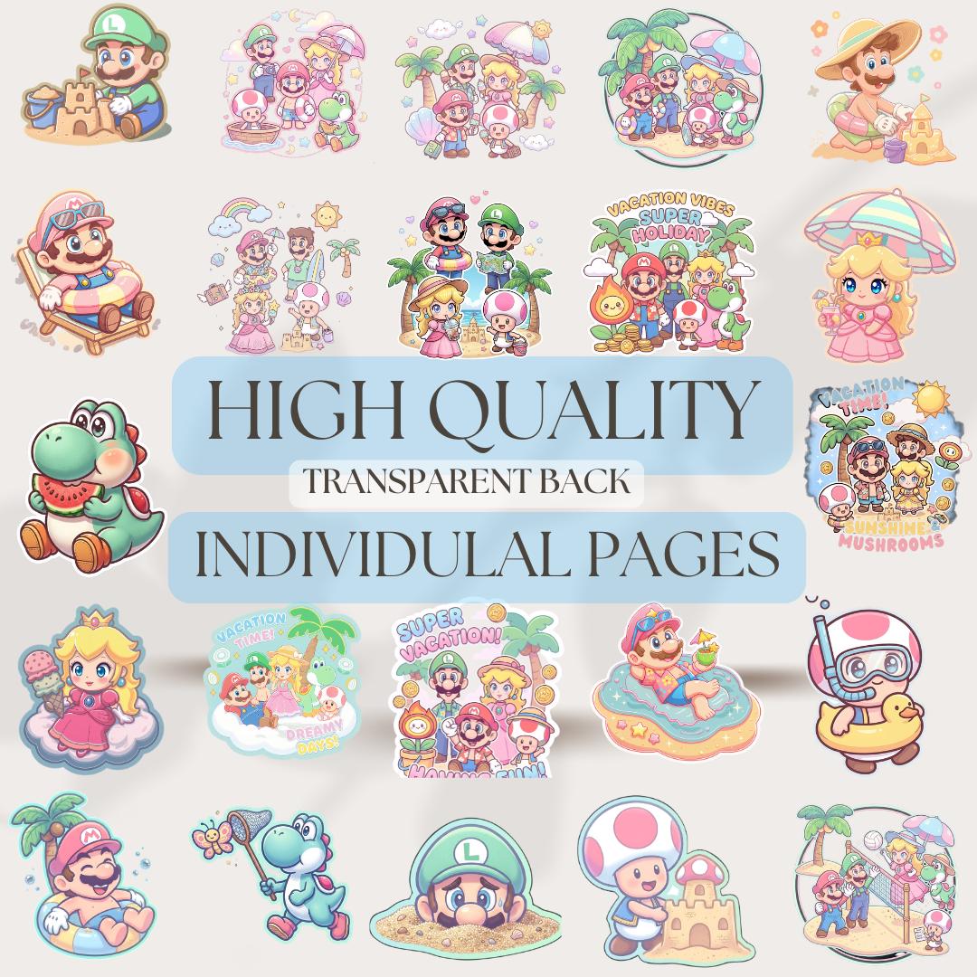 Cliparts aquarelle Super Mario Bros 4000px, clipart Super Mario, topper de gâteau Mario, Princesse Peach, Luigi, Toad, Yoshi, PNG thème vacances