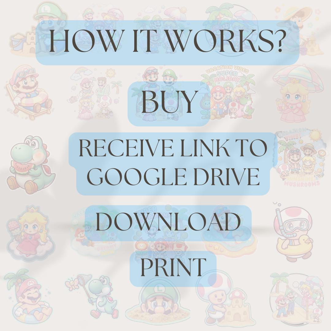 Cliparts aquarelle Super Mario Bros 4000px, clipart Super Mario, topper de gâteau Mario, Princesse Peach, Luigi, Toad, Yoshi, PNG thème vacances