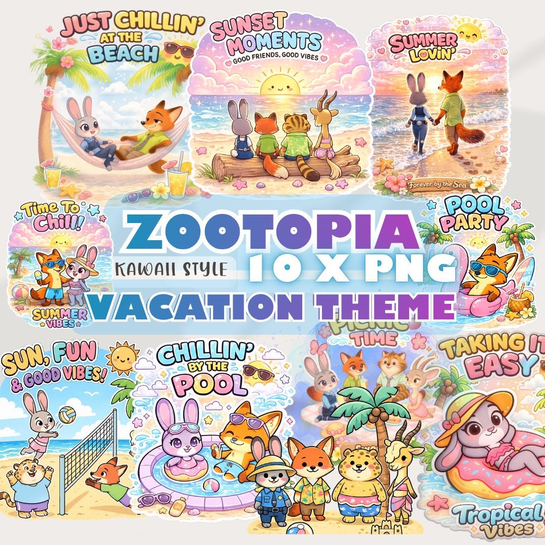 4000px Zootopia Vacation Kawaii style PNG Clipart Bundle | 10 Cute Tropical Graphics | Judy Hopps Nick Wilde Inspired | Digital Stickers