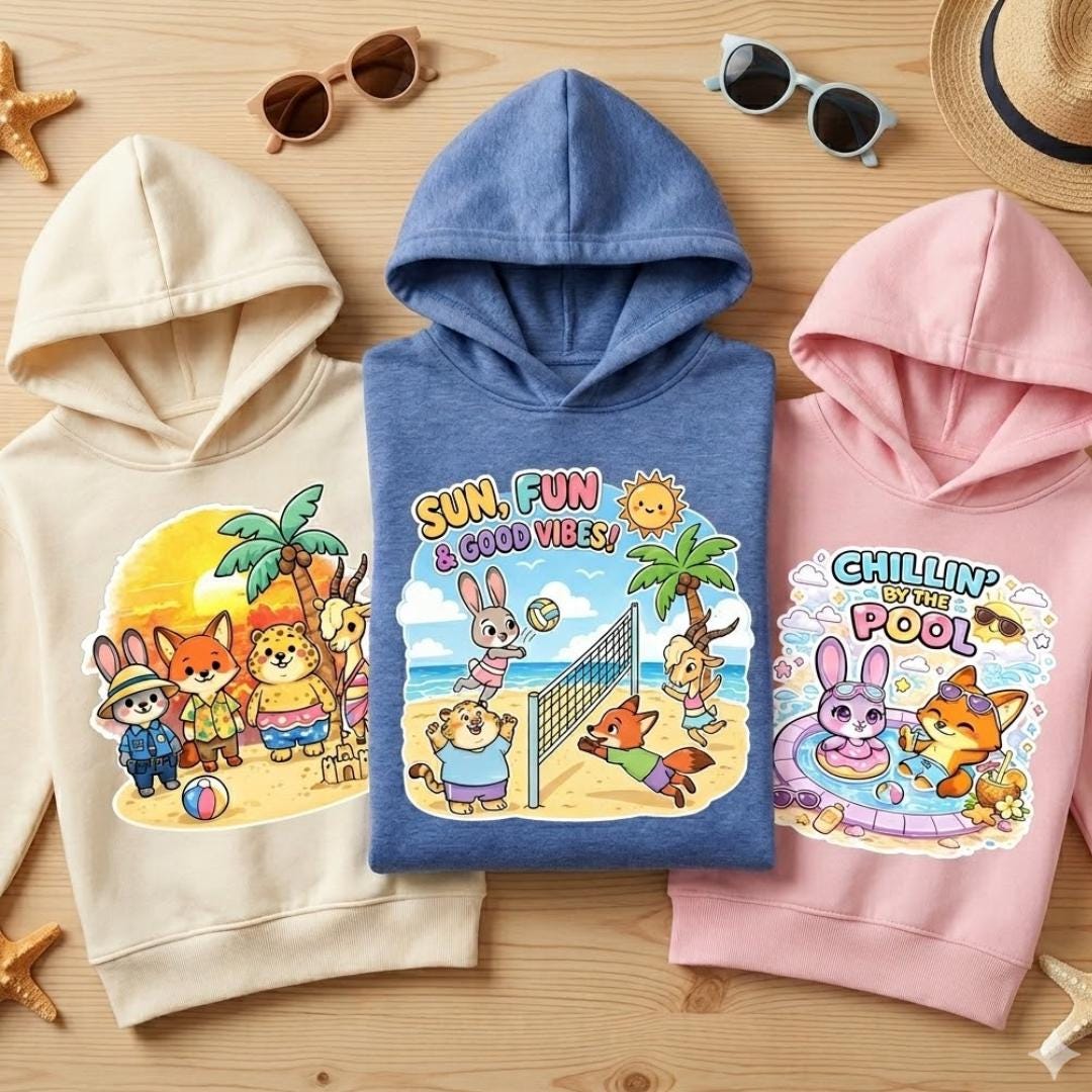 Pack de clipart PNG estilo kawaii de vacaciones en Zootopia de 4000 px | 10 gráficos tropicales adorables | Inspirado en Judy Hopps y Nick Wilde | Stickers digitales