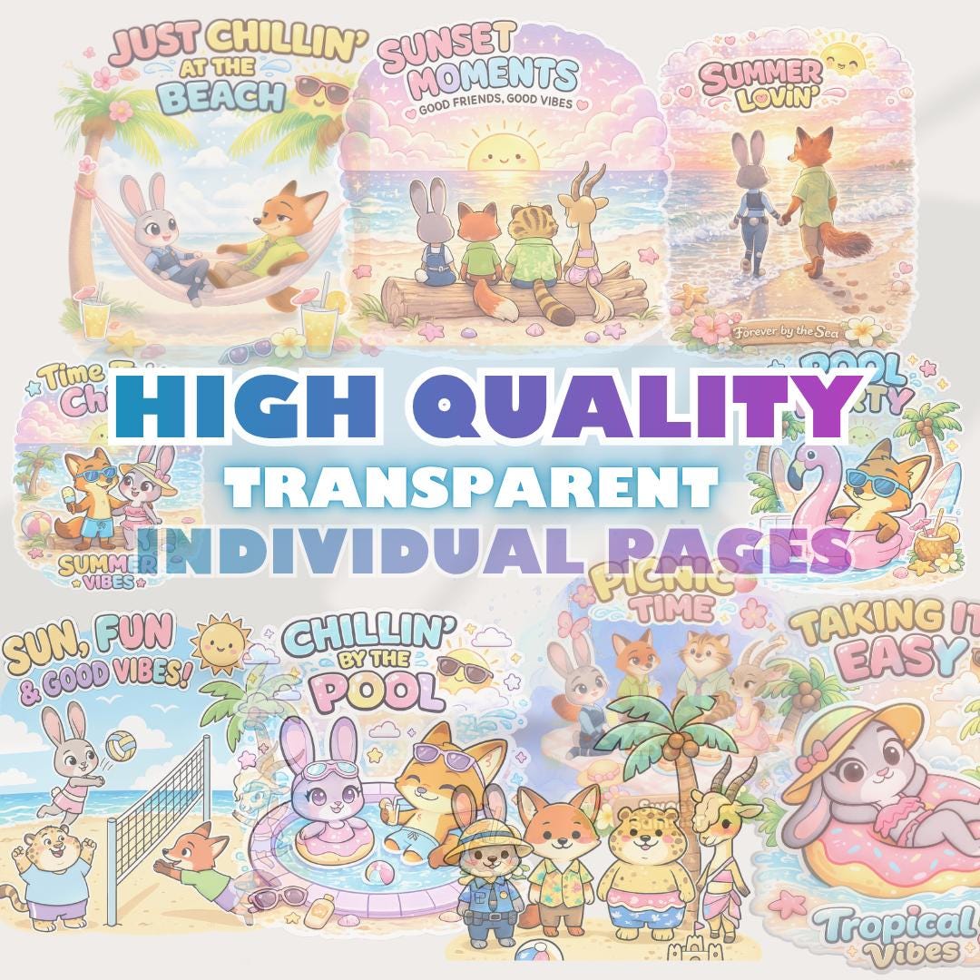 Pack de clipart PNG estilo kawaii de vacaciones en Zootopia de 4000 px | 10 gráficos tropicales adorables | Inspirado en Judy Hopps y Nick Wilde | Stickers digitales