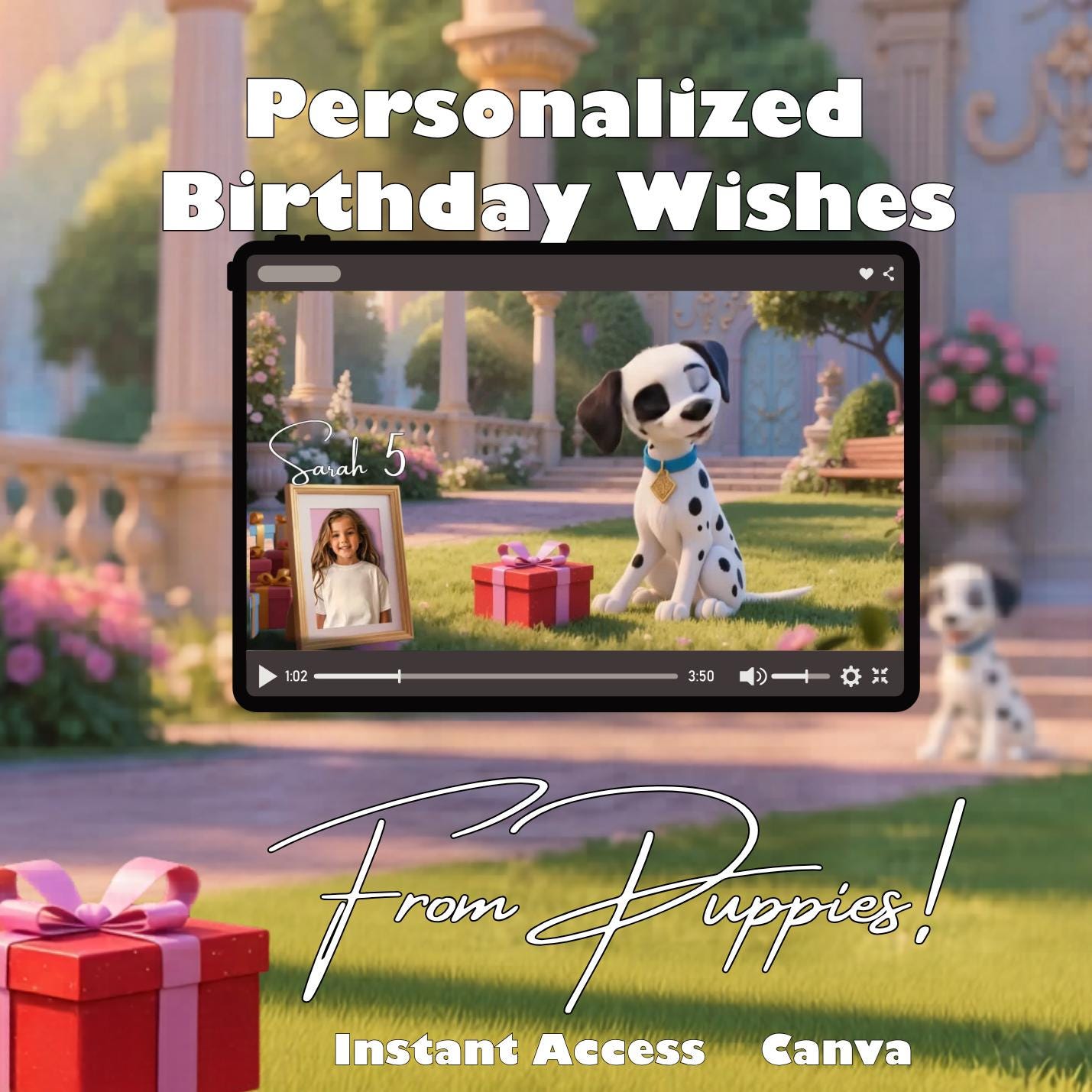 Instant Download | 101 Dalmatians Birthday Video Invitation | Animated Puppy gift| Add Child's Photo & Custom Text | Editable Canva Template