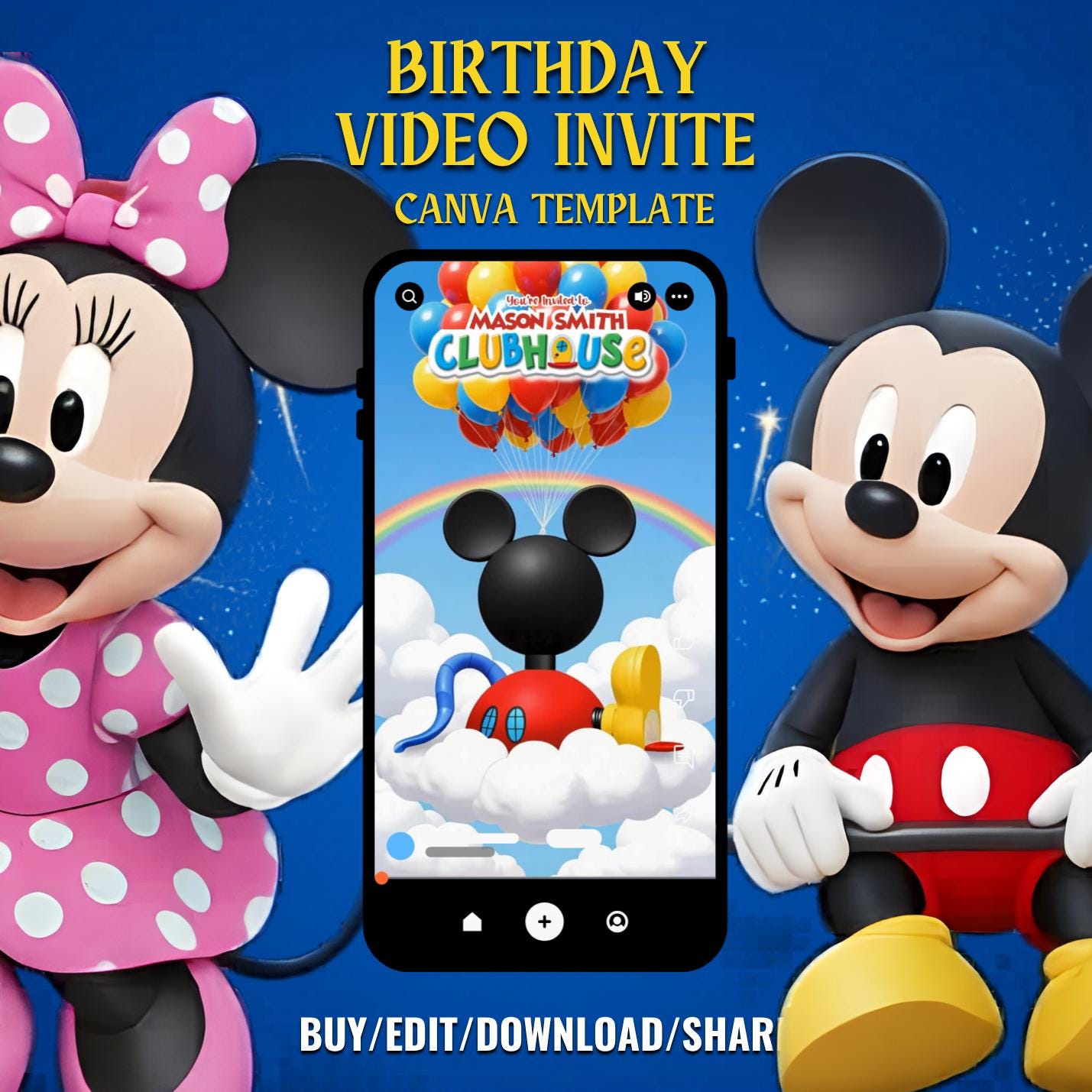 Instant Download | Mickey Clubhouse Birthday Video Invitation | Add Child's Photo and Custom Text | Editable Canva Template