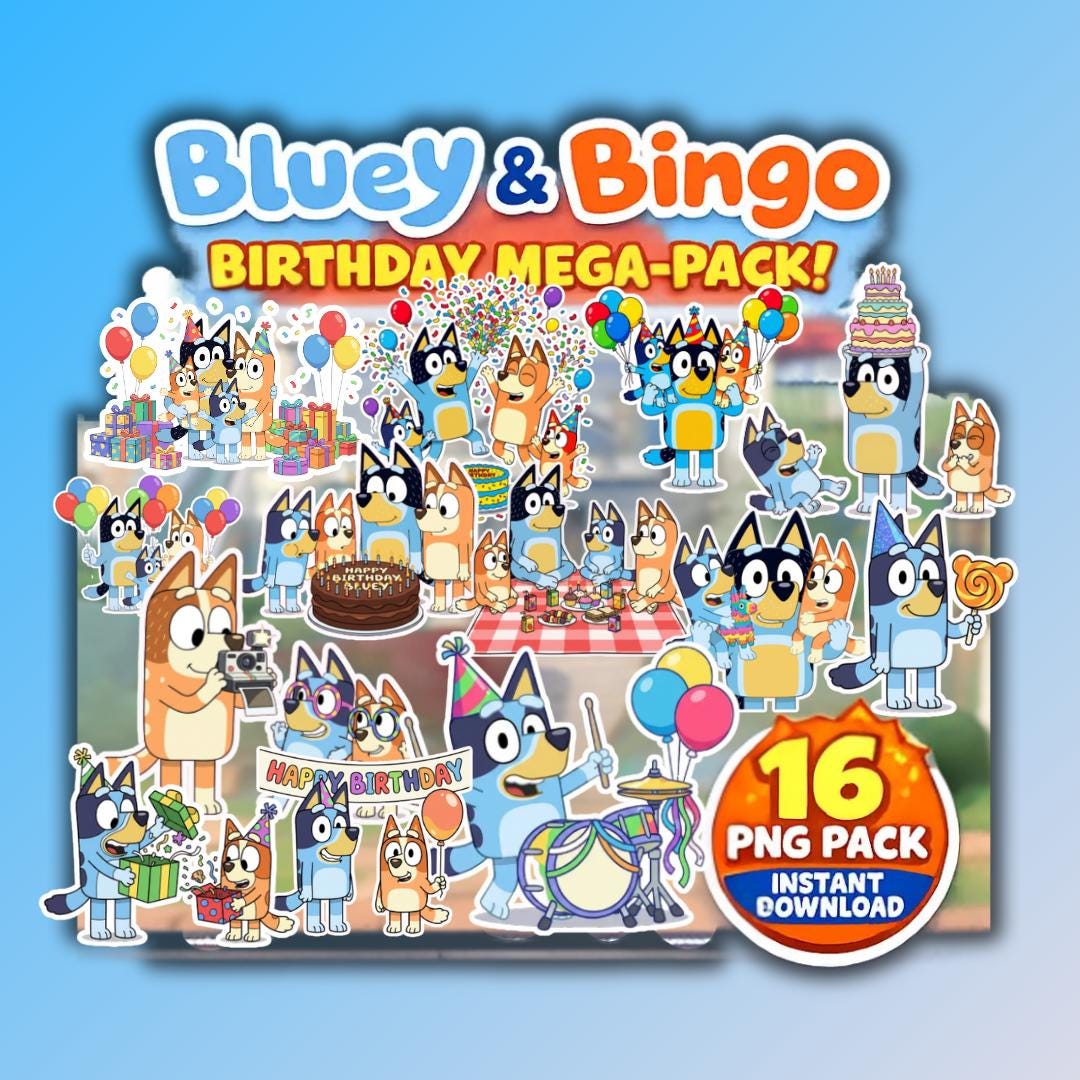 4000px 16 Pcs Bluey and Bingo Birthday Clipart PNG bundle Set - Instant Digital Download, Party Decorations, Invitations