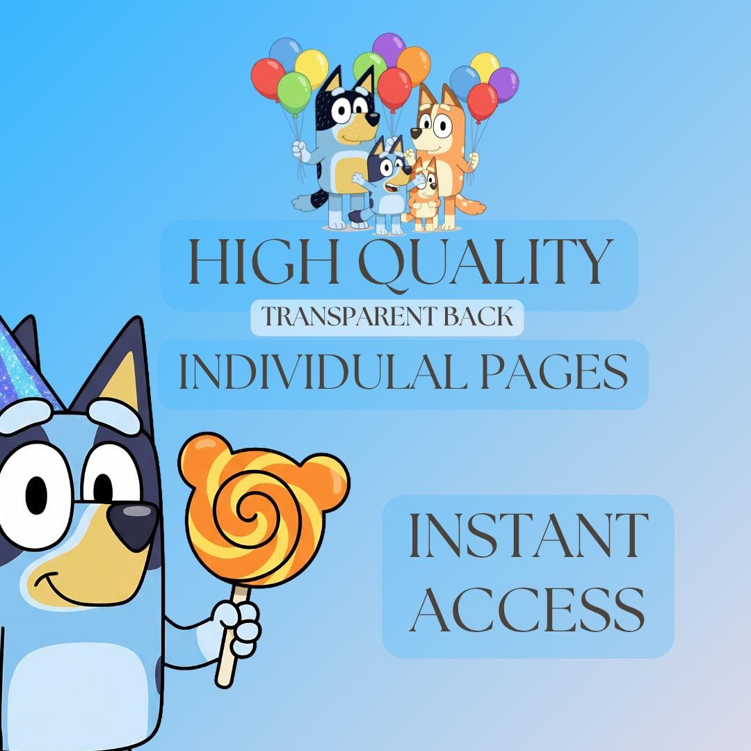 4000px 16 Pcs Bluey and Bingo Birthday Clipart PNG bundle Set - Instant Digital Download, Party Decorations, Invitations