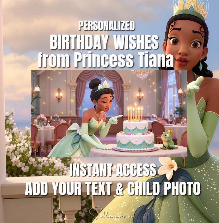 Video de felicitación de cumpleaños de la Princesa Tiana, plantilla de Canva de Princess and the Frog, video de cumpleaños infantil personalizado con foto, regalo digital para fiesta