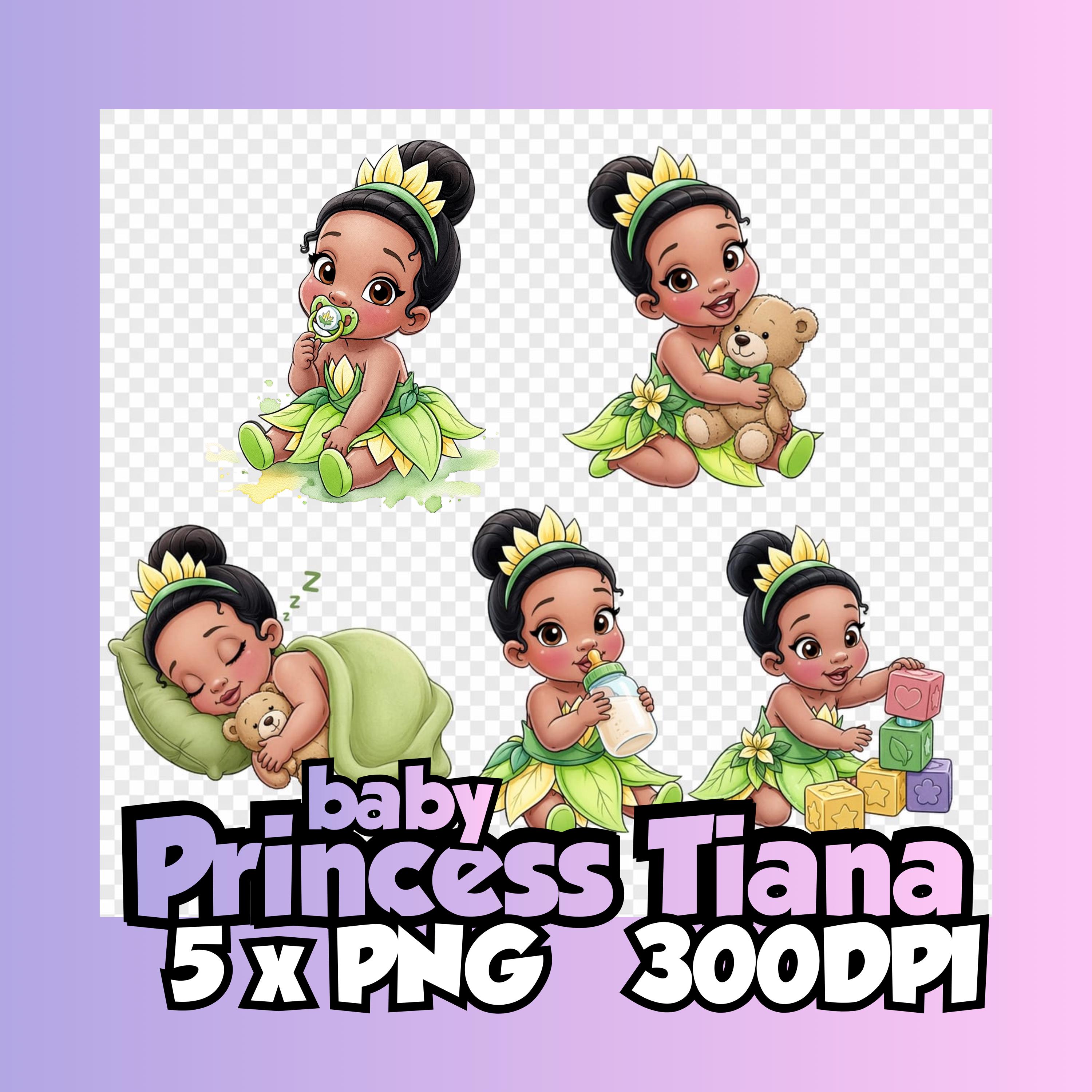Pack de clipart PNG de la Bebé Princesa Tiana, clipart transparente a 300 DPI inspirado en Princess and the Frog, diseño de sublimación para habitación infantil
