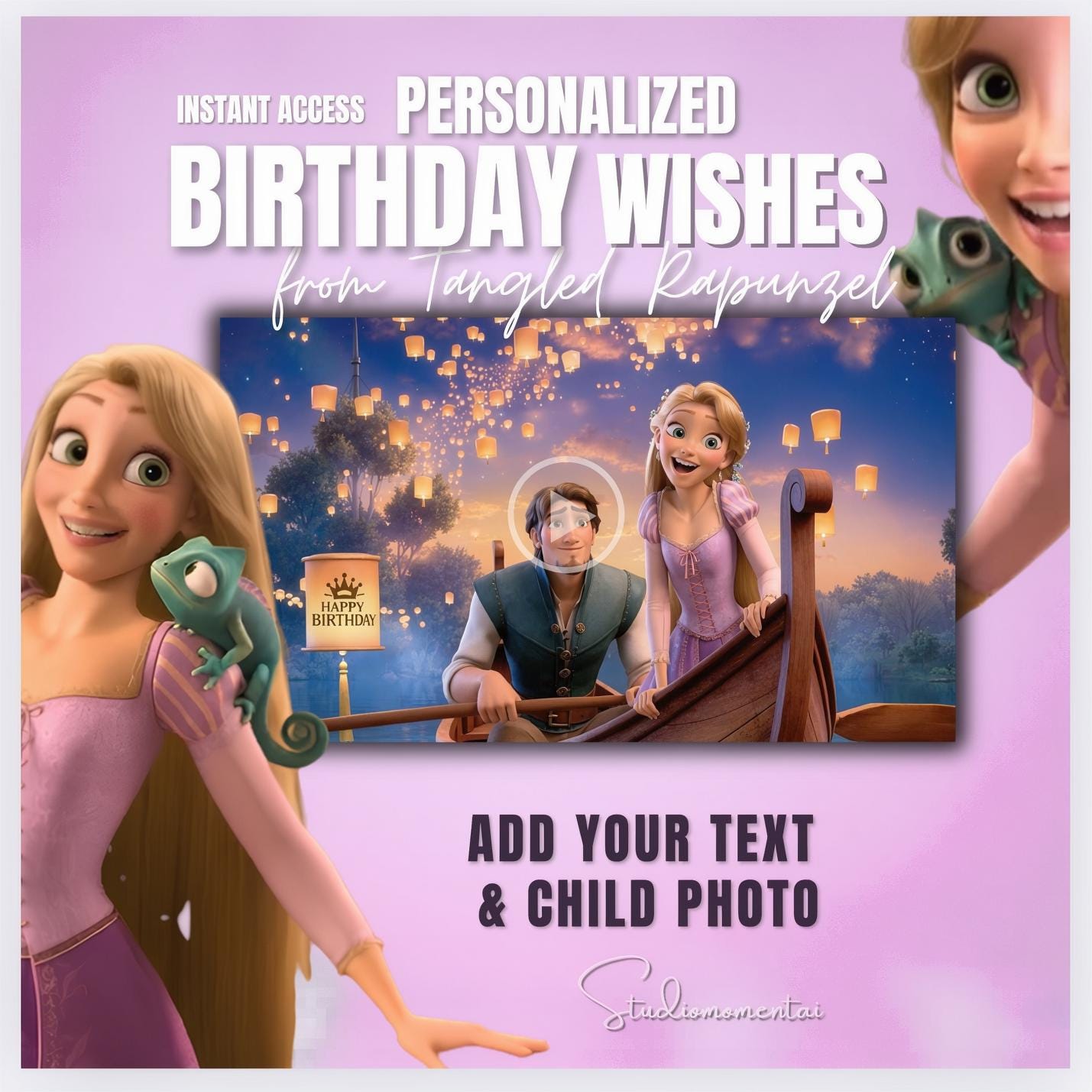 Plantilla de video de cumpleaños de Rapunzel Enredados, video editable de felicitación de cumpleaños en Canva con foto del niño, invitación digital de princesa