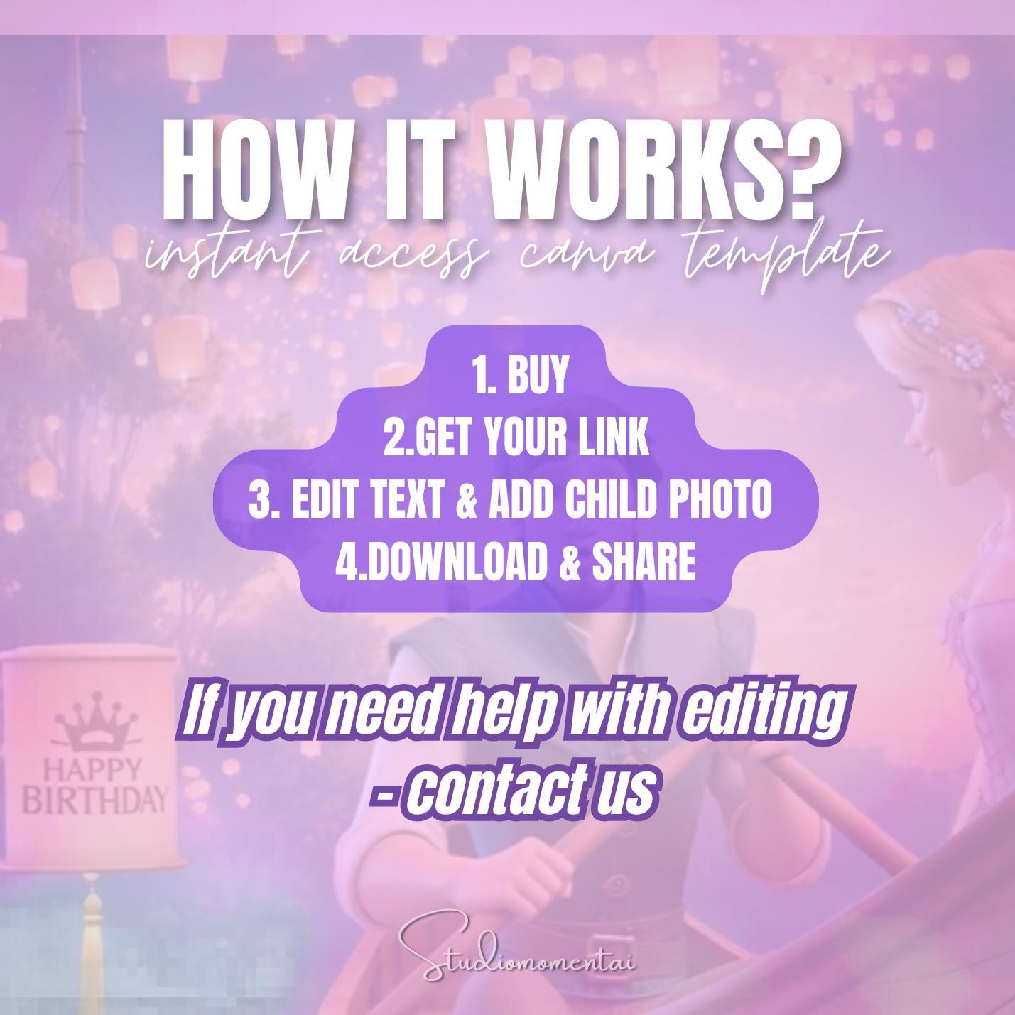 Plantilla de video de cumpleaños de Rapunzel Enredados, video editable de felicitación de cumpleaños en Canva con foto del niño, invitación digital de princesa