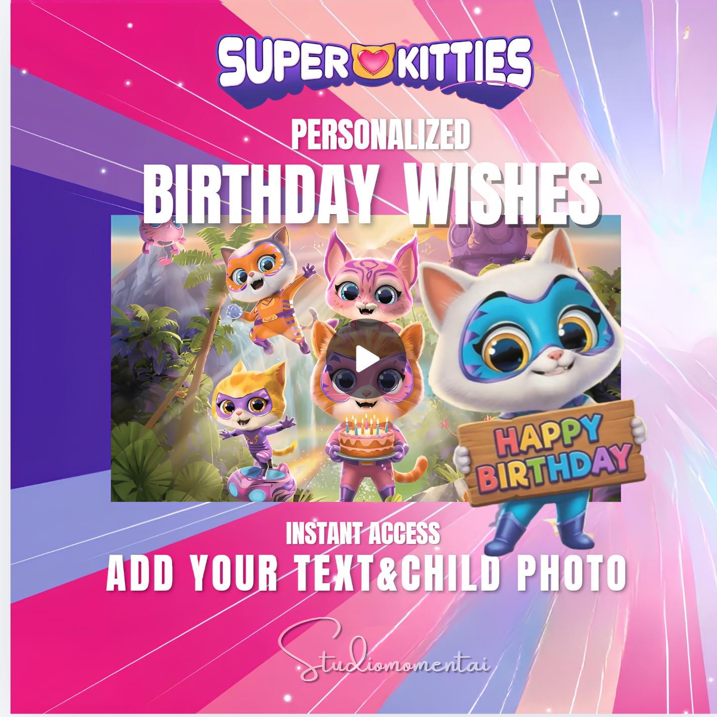 SuperKitties Inspired Birthday Video Template, Editable Canva Birthday Wishes Video with Child Photo, Superhero Cat Digital Invite