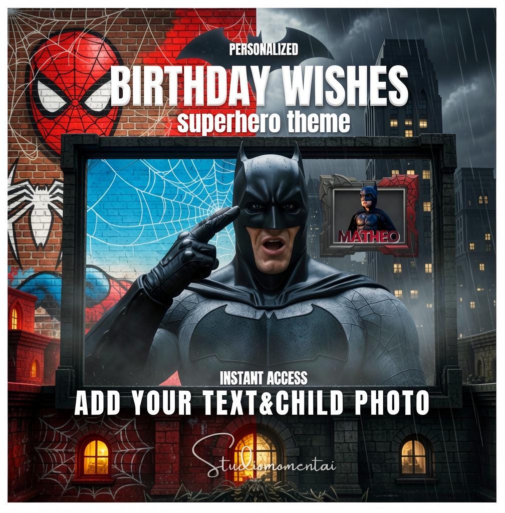 Spiderman Batman Birthday Video Template, Editable Canva Birthday Wishes Video with Child Photo, Superhero Kids Digital Invitation