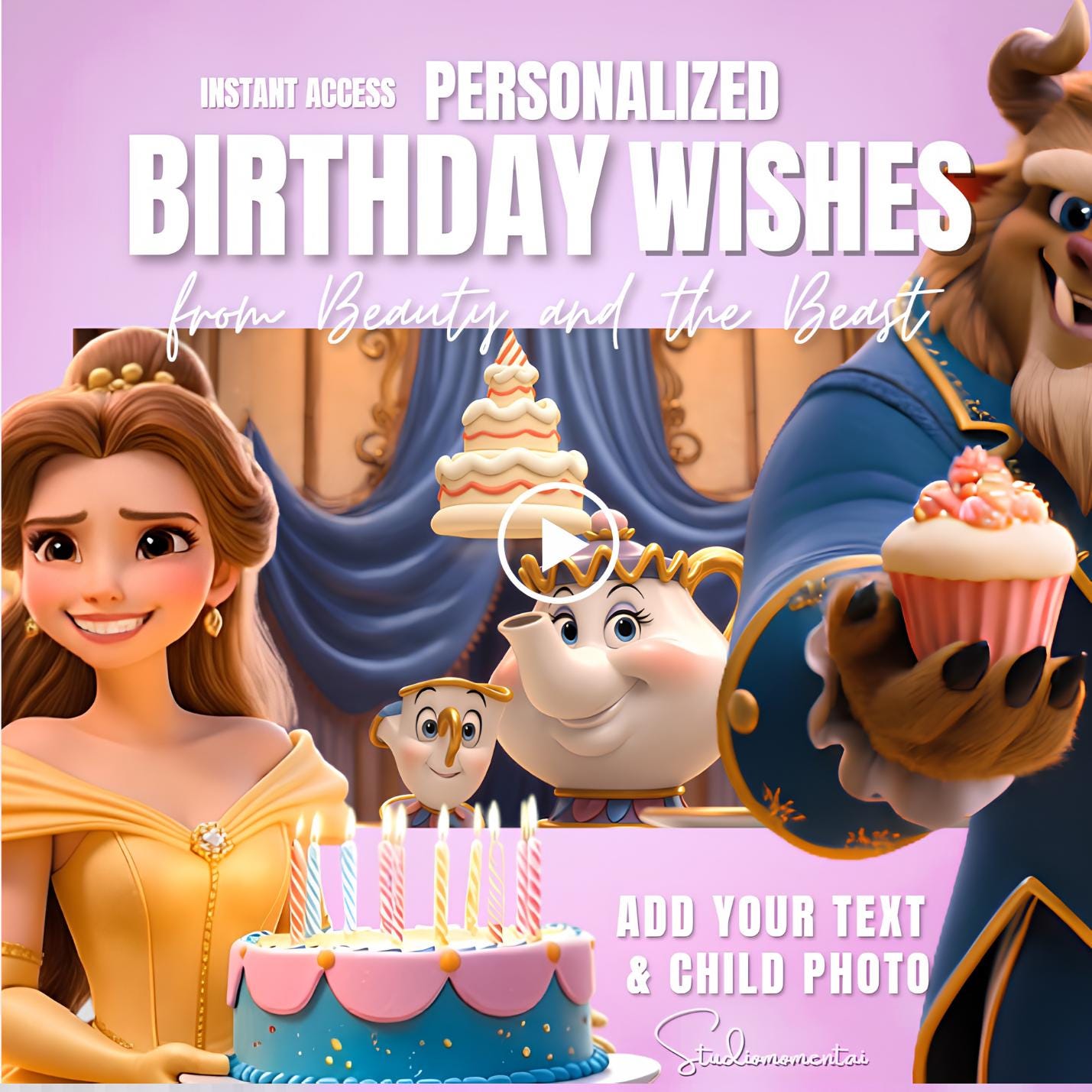 Beauty and the Beast Birthday Wishes Video, Editable Canva Template with Child Photo, Princess Belle Inspired Digital Greeting