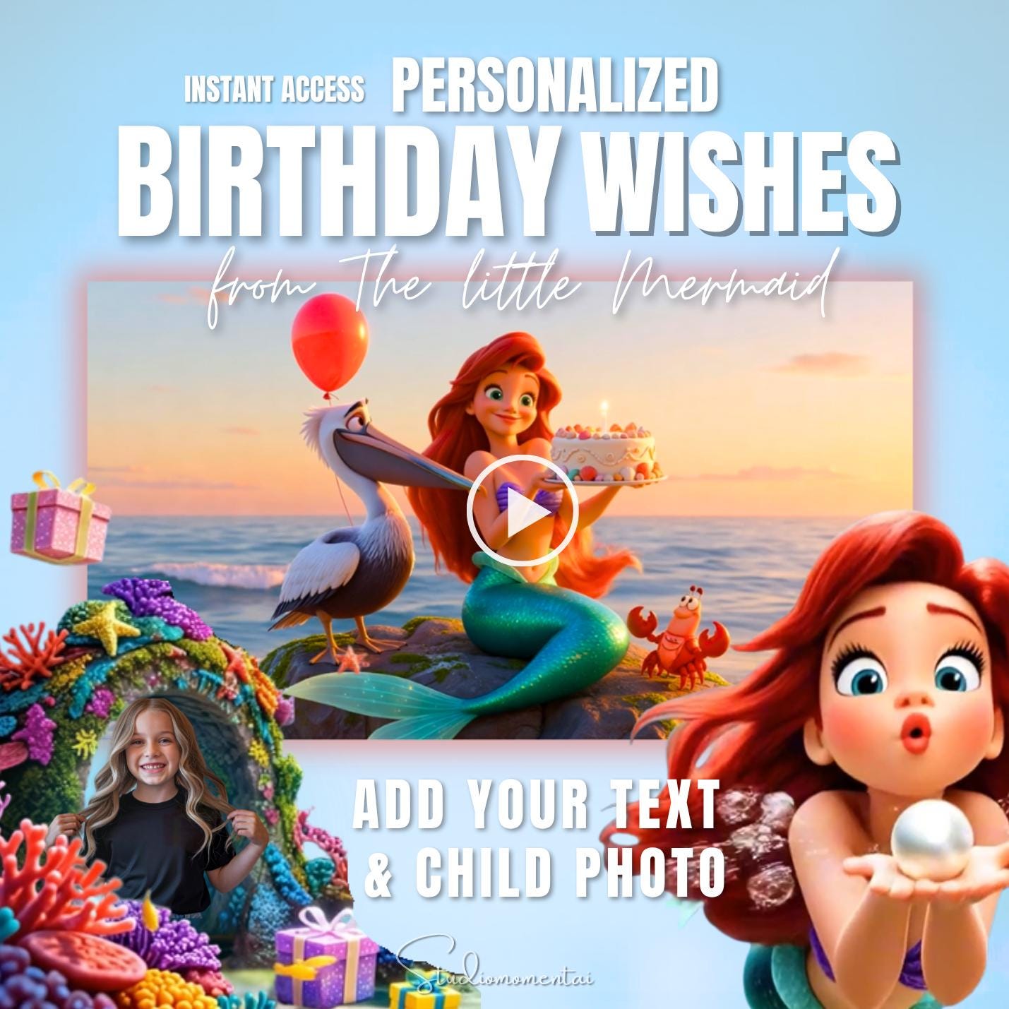Little Mermaid Birthday Wishes Video, Editable Canva Template with Child Photo, Ariel Inspired Digital Birthday Greeting
