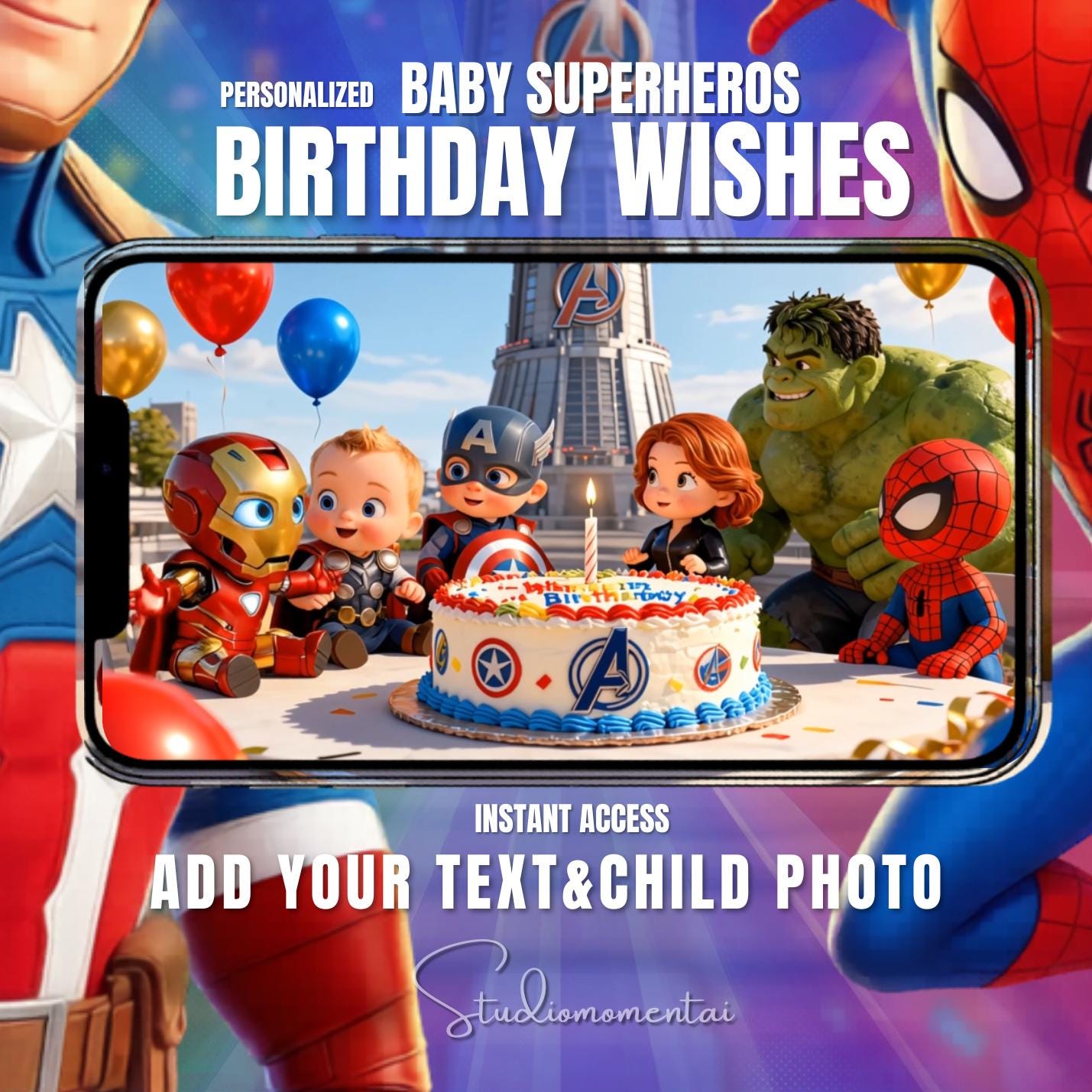 Baby Superhero Birthday Video Template, Editable Canva Birthday Wishes Video with Child Photo, Spiderman Captain America Kids Digital gift