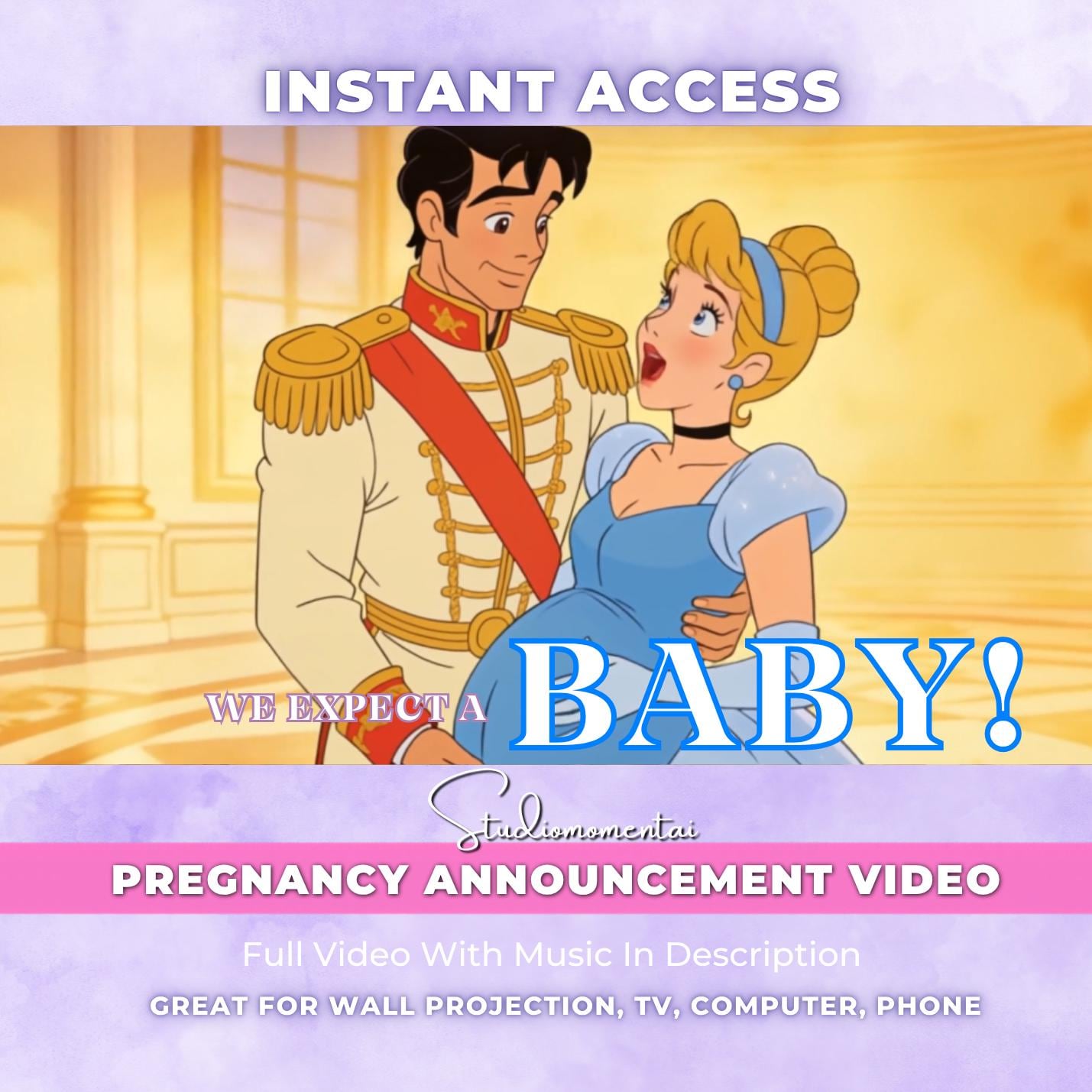 Plantilla de video para anuncio de embarazo en Canva, revelación de bebé de princesa Cenicienta, noticia de espera de cuento de hadas, editable, descarga instantánea