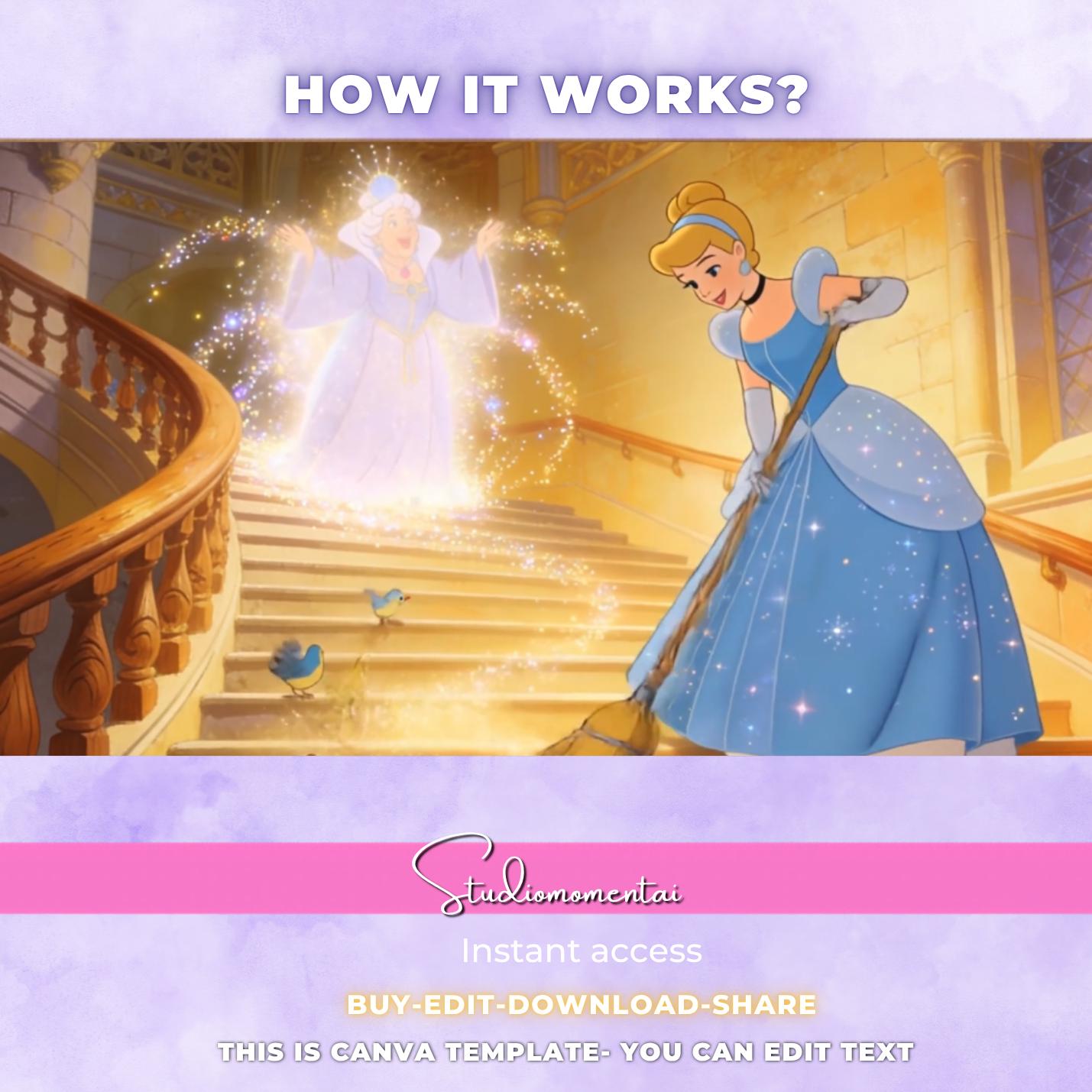 Plantilla de video para anuncio de embarazo en Canva, revelación de bebé de princesa Cenicienta, noticia de espera de cuento de hadas, editable, descarga instantánea