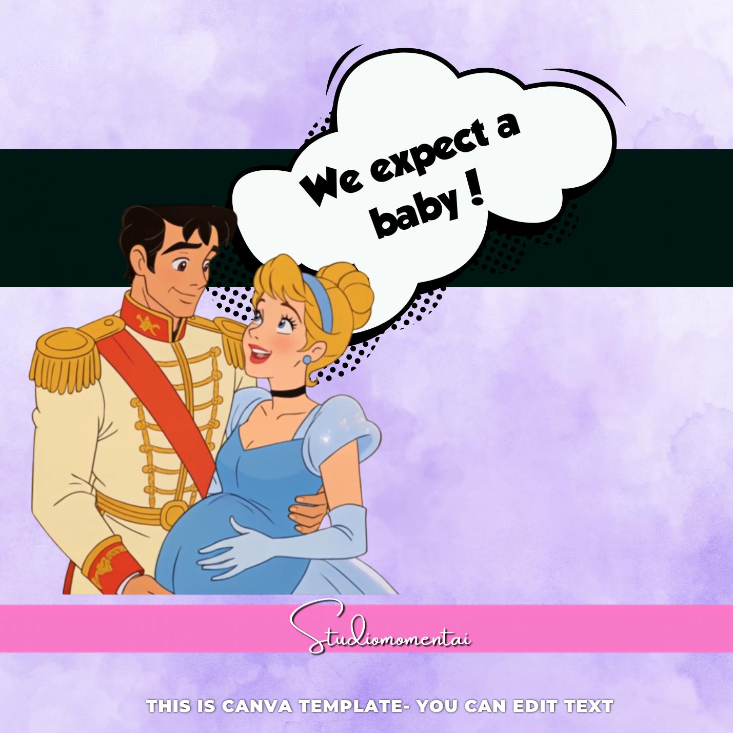Plantilla de video para anuncio de embarazo en Canva, revelación de bebé de princesa Cenicienta, noticia de espera de cuento de hadas, editable, descarga instantánea