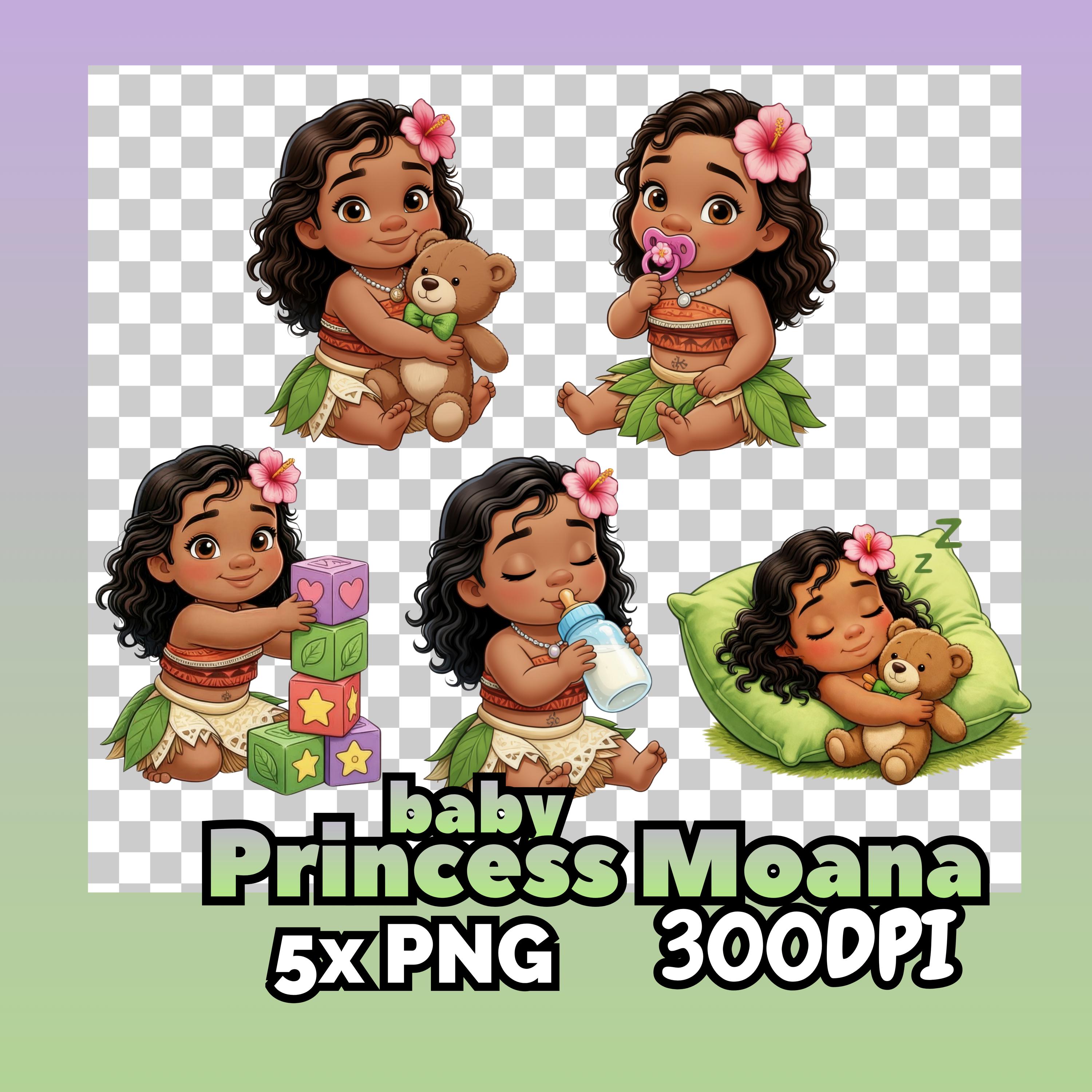 Pack de clipart PNG de bebé Princesa Moana, clipart transparente inspirado en la princesa bebé Moana a 300 DPI, diseño de sublimación para habitación infantil