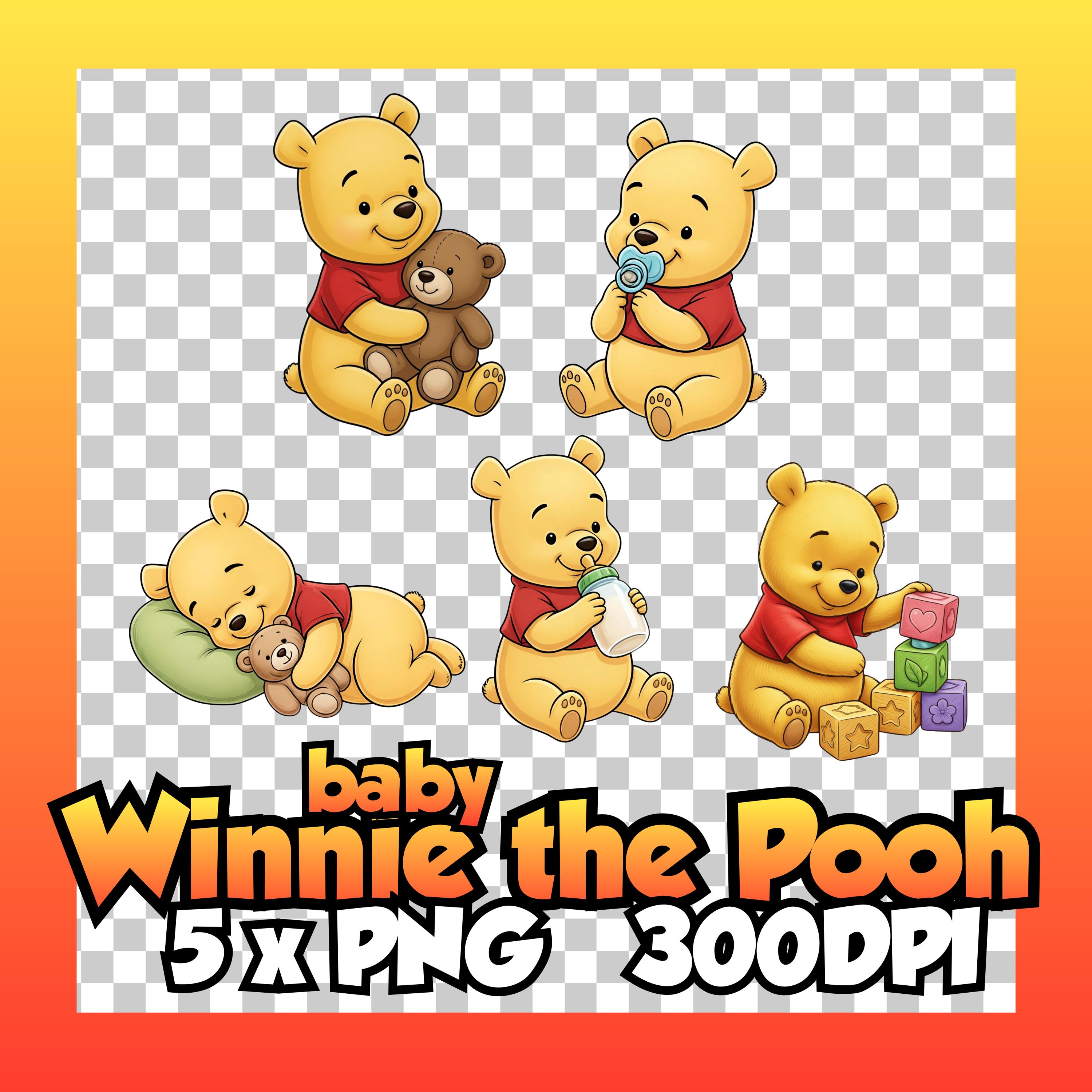 Baby Winnie the Pooh Clipart PNG Bundle, Bear winie the pooh Inspired 300 DPI Transparent Clipart, Nursery Sublimation Design