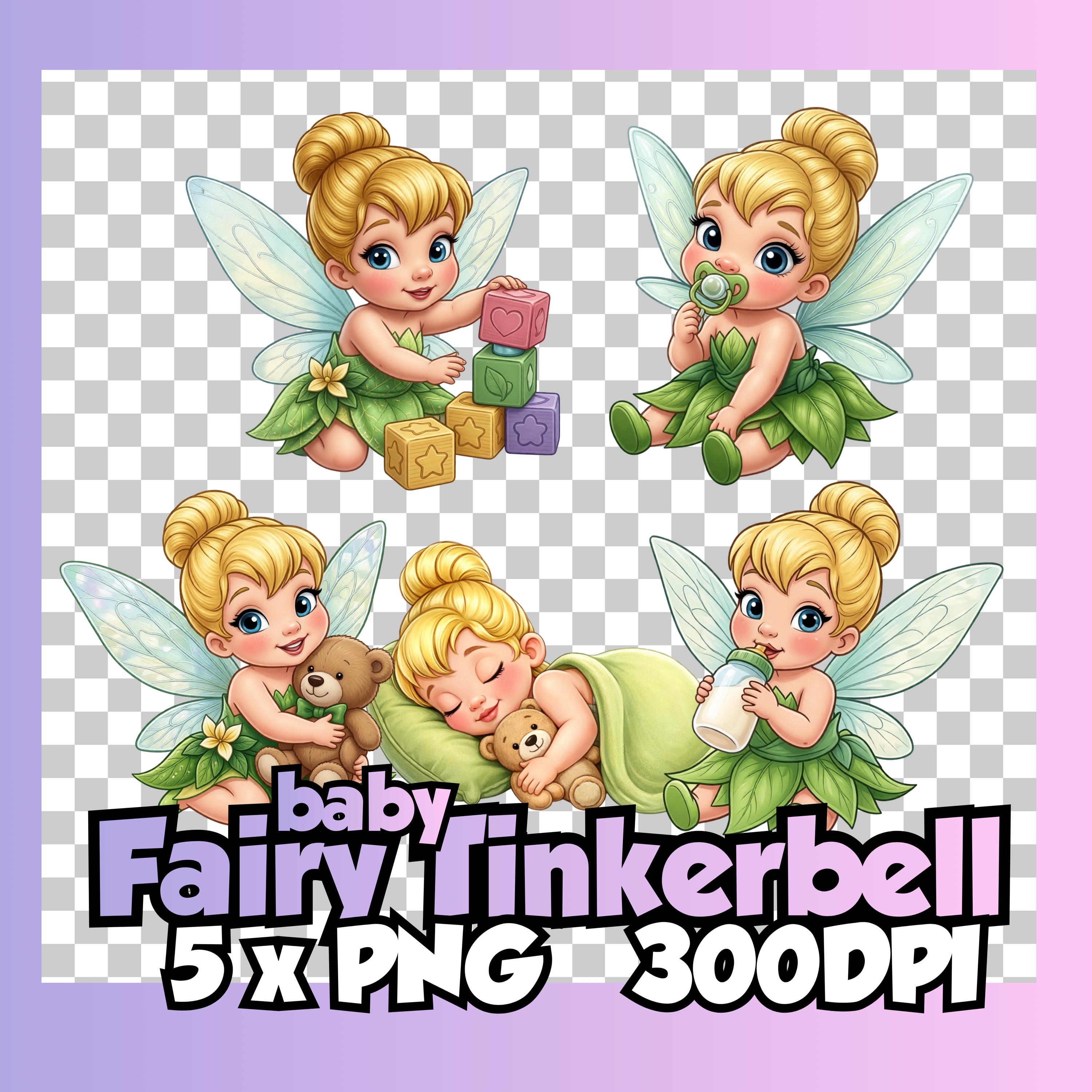 Pack de Clipart PNG de Bebé Hada Princesa Tinkerbell, Clipart Transparente Inspirado en Tinkerbell a 300 DPI, Diseño de Sublimación para Habitación Infantil