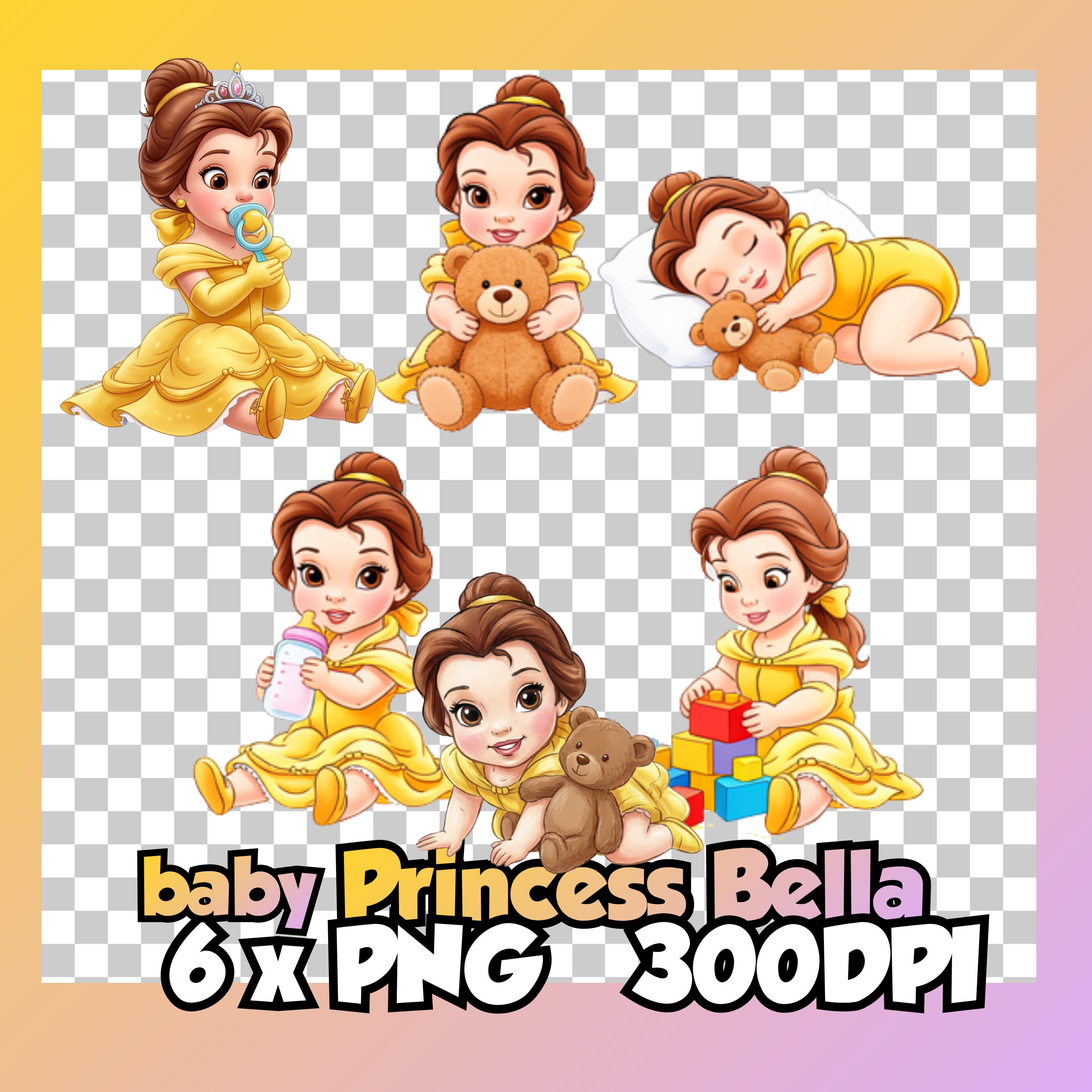Pack de clipart PNG de bebé Princesa Bella, inspirado en La Bella y la Bestia, clipart transparente 300 DPI, diseño de sublimación para habitación infantil