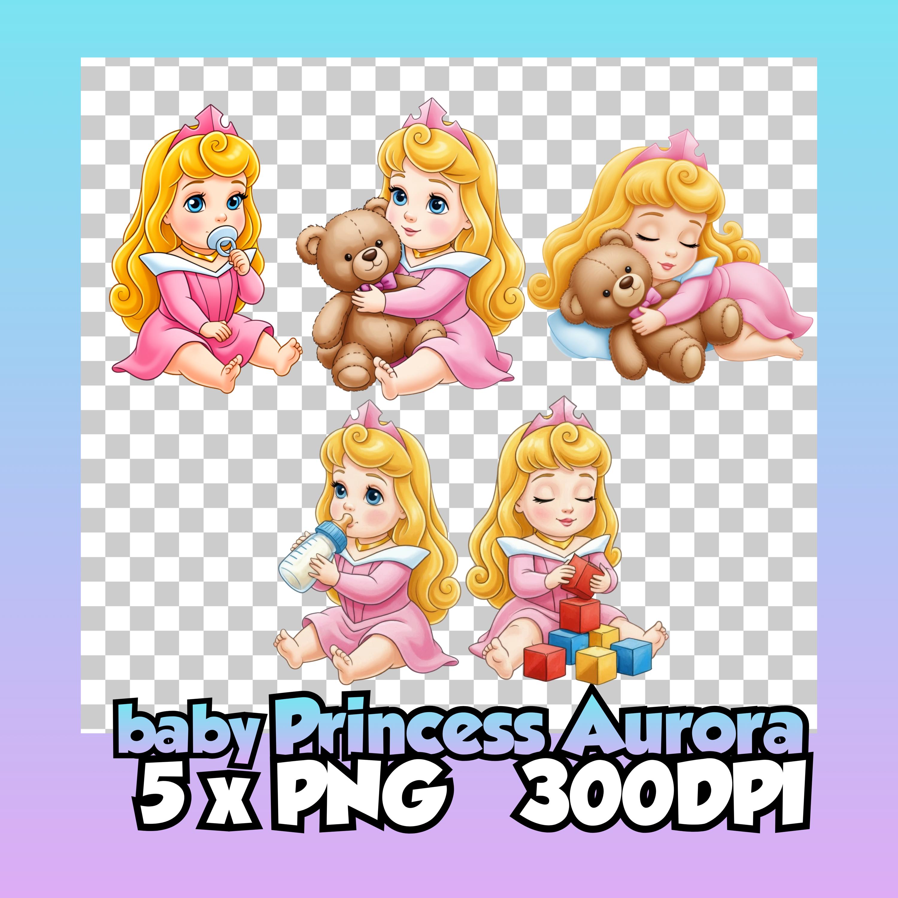 Pack de clipart PNG de bebé Princesa Aurora, clipart transparente 300 DPI inspirado en La Bella Durmiente, diseño de sublimación para habitación infantil