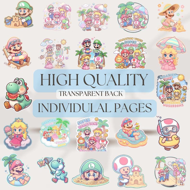 4000px Super Mario Bros Watercolor Cliparts, Super Mario Clipart, Mario Cake Topper, Princess Peach, Luigi, Toad, Yoshi,Vacation theme PNG