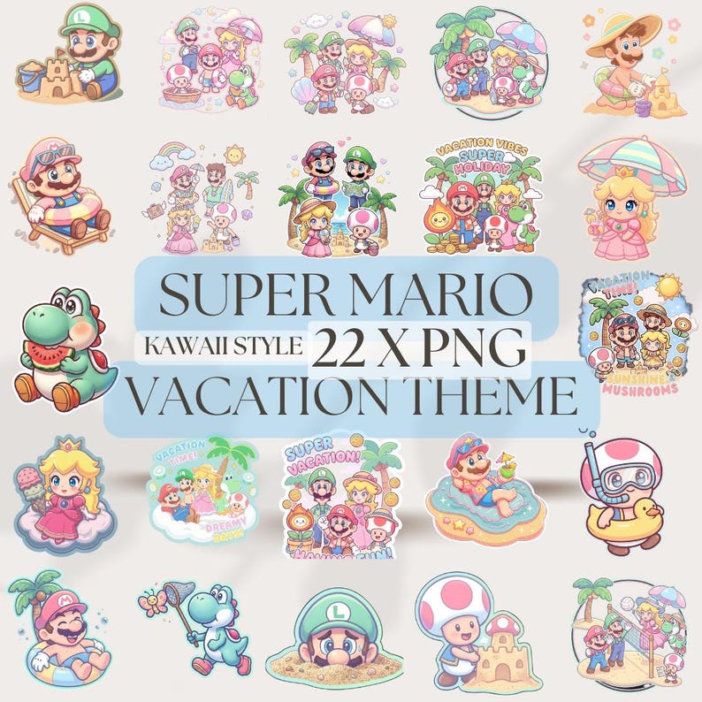 4000px Super Mario Bros Watercolor Cliparts, Super Mario Clipart, Mario Cake Topper, Princess Peach, Luigi, Toad, Yoshi,Vacation theme PNG