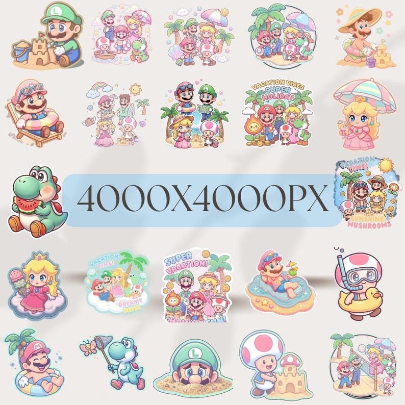 4000px Super Mario Bros Watercolor Cliparts, Super Mario Clipart, Mario Cake Topper, Princess Peach, Luigi, Toad, Yoshi,Vacation theme PNG