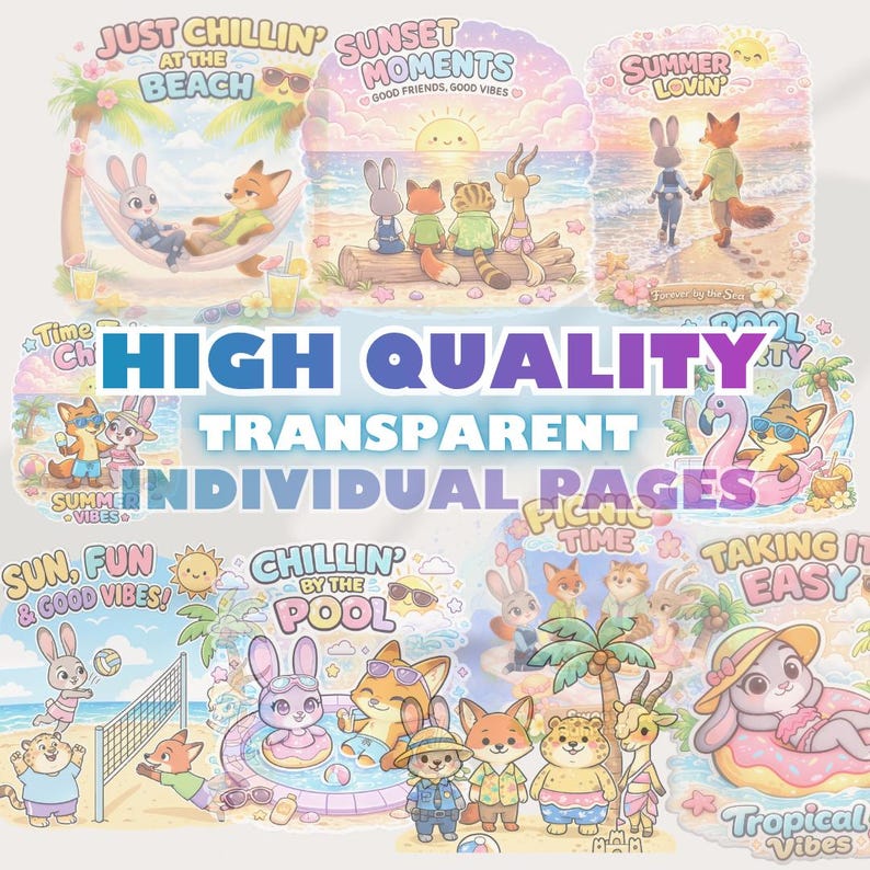 4000px Zootopia Vacation Kawaii style PNG Clipart Bundle | 10 Cute Tropical Graphics | Judy Hopps Nick Wilde Inspired | Digital Stickers