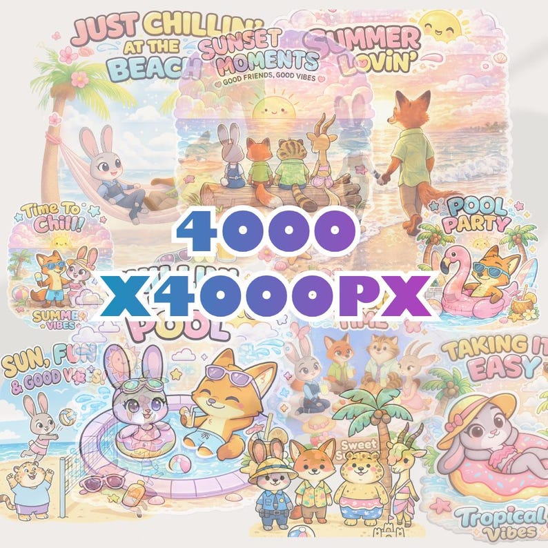 4000px Zootopia Vacation Kawaii style PNG Clipart Bundle | 10 Cute Tropical Graphics | Judy Hopps Nick Wilde Inspired | Digital Stickers