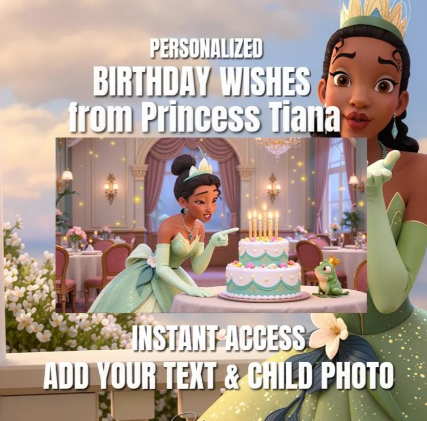 Princess Tiana Birthday Video Wishes, Princess and the Frog Canva Template, Personalized Kids Birthday Video with Photo, Digital Party gift