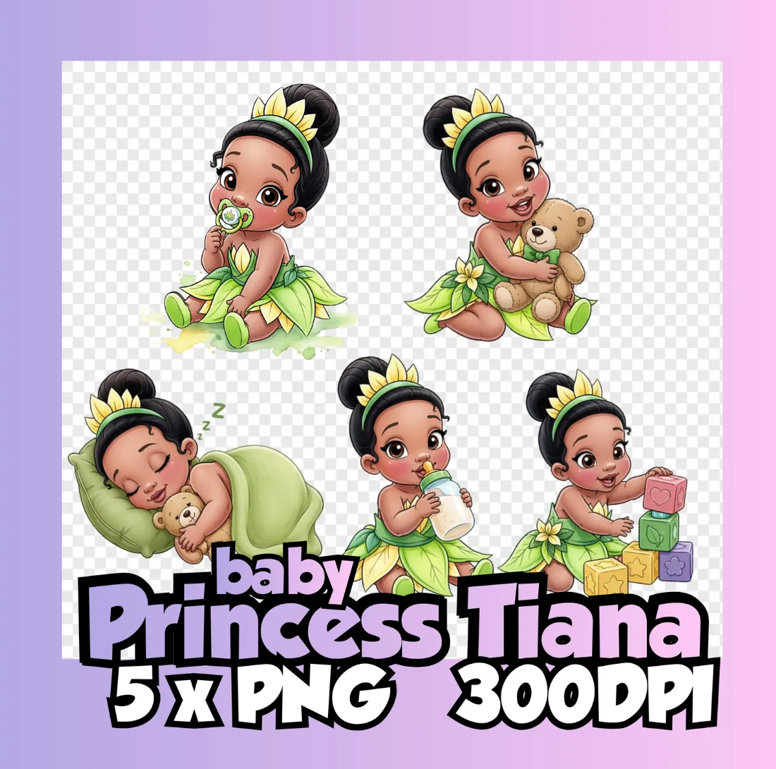 Princess Tiana Baby Clipart PNG Bundle, Princess and the Frog Inspired 300 DPI Transparent Clipart, Nursery Sublimation Design