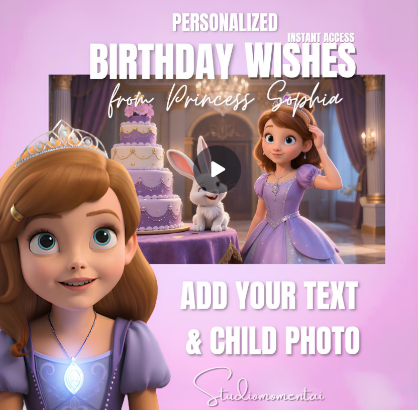 Princess Sophia Inspired Birthday Video Template, Editable Canva Birthday Wishes Video with Child Photo, Purple Princess Digital Invitation