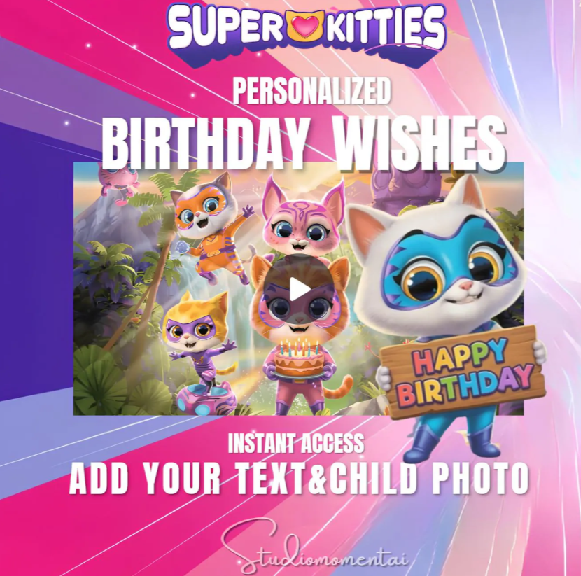 SuperKitties Inspired Birthday Video Template, Editable Canva Birthday Wishes Video with Child Photo, Superhero Cat Digital Invite