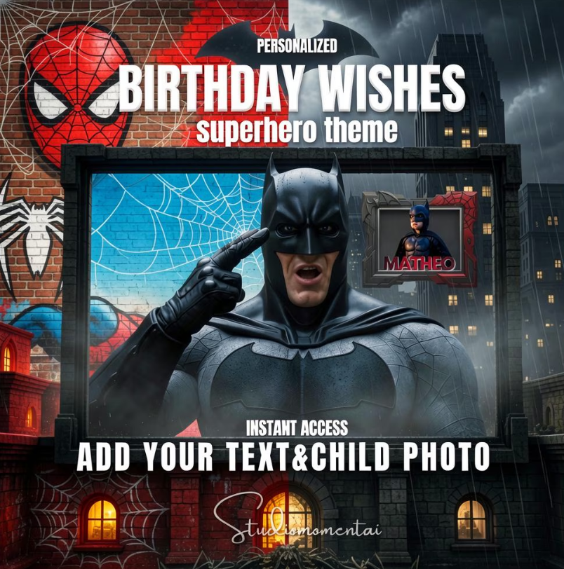 Spiderman Batman Birthday Video Template, Editable Canva Birthday Wishes Video with Child Photo, Superhero Kids Digital Invitation
