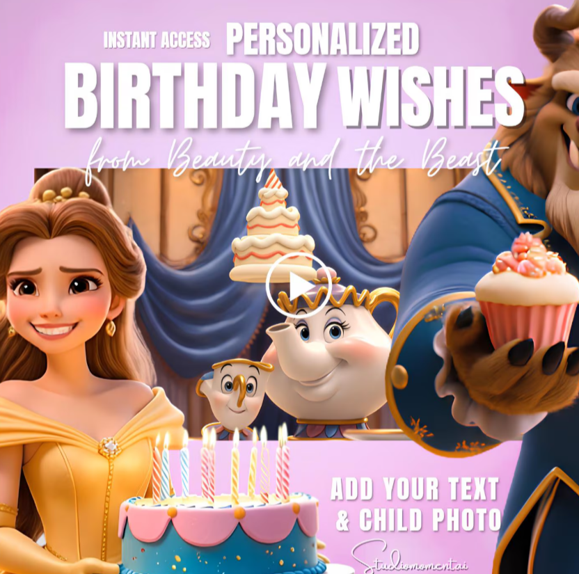 Beauty and the Beast Birthday Wishes Video, Editable Canva Template with Child Photo, Princess Belle Inspired Digital Greeting