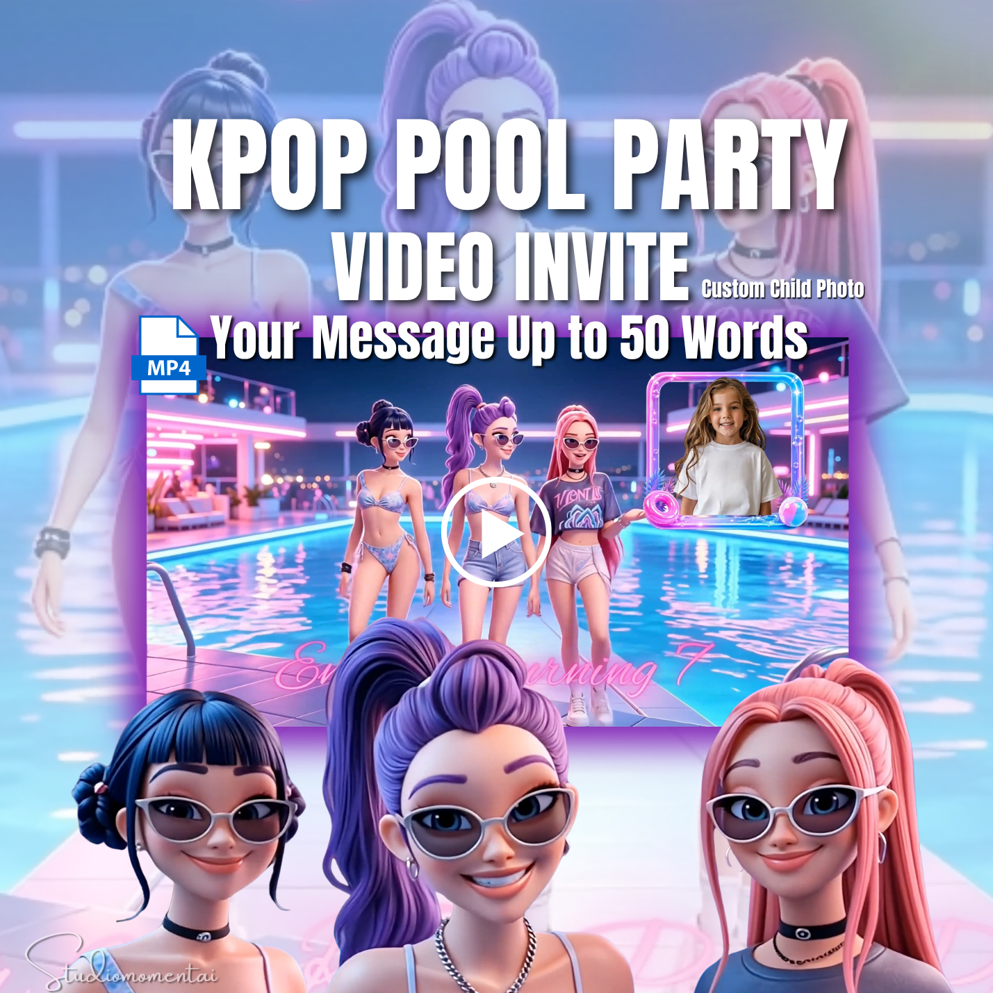 Personalized K-Pop Demon Hunter Inspired Pool Party Invitation Video, Custom Child Photo & Message