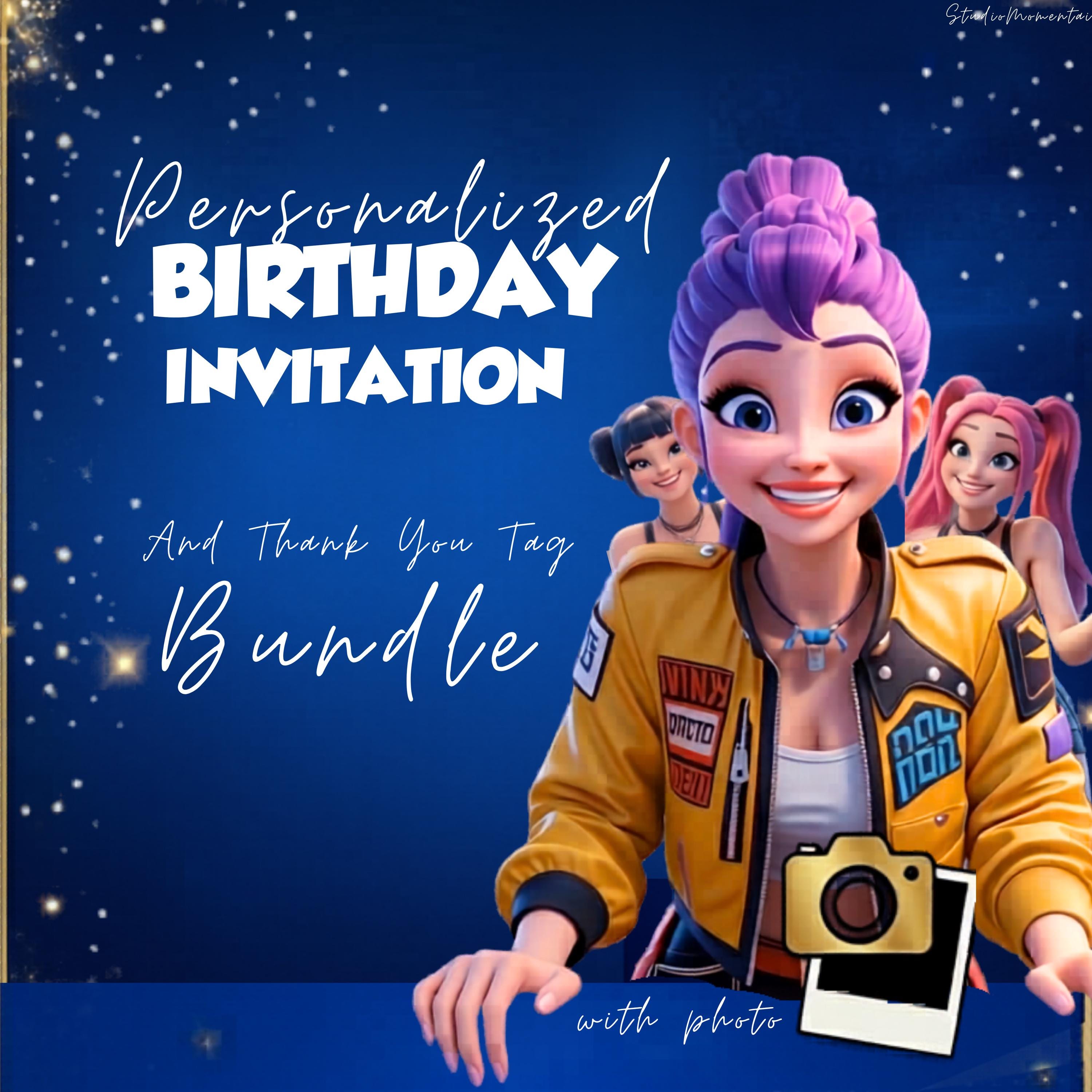 Huntrix and Saja Boys Digital Animated Mobile Party Invite and Thank you Tag bundle K-pop Demon Hunters Birthday Video Invitation