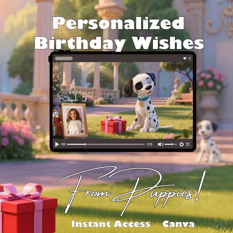Instant Download | 101 Dalmatians Birthday Video Invitation | Animated Puppy gift| Add Child's Photo & Custom Text | Editable Canva Template