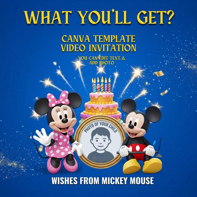 Instant Download | Mickey Clubhouse Birthday Video Invitation | Add Child's Photo and Custom Text | Editable Canva Template