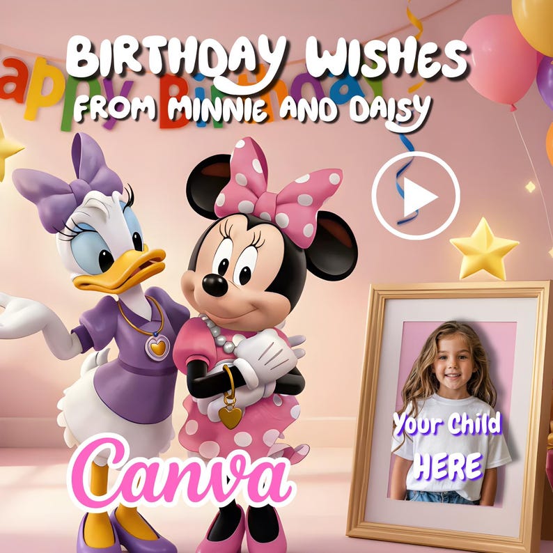 Instant Download | Minnie & Daisy Birthday Video Invitation | Add Child's Photo and Custom Text | Editable Canva Template