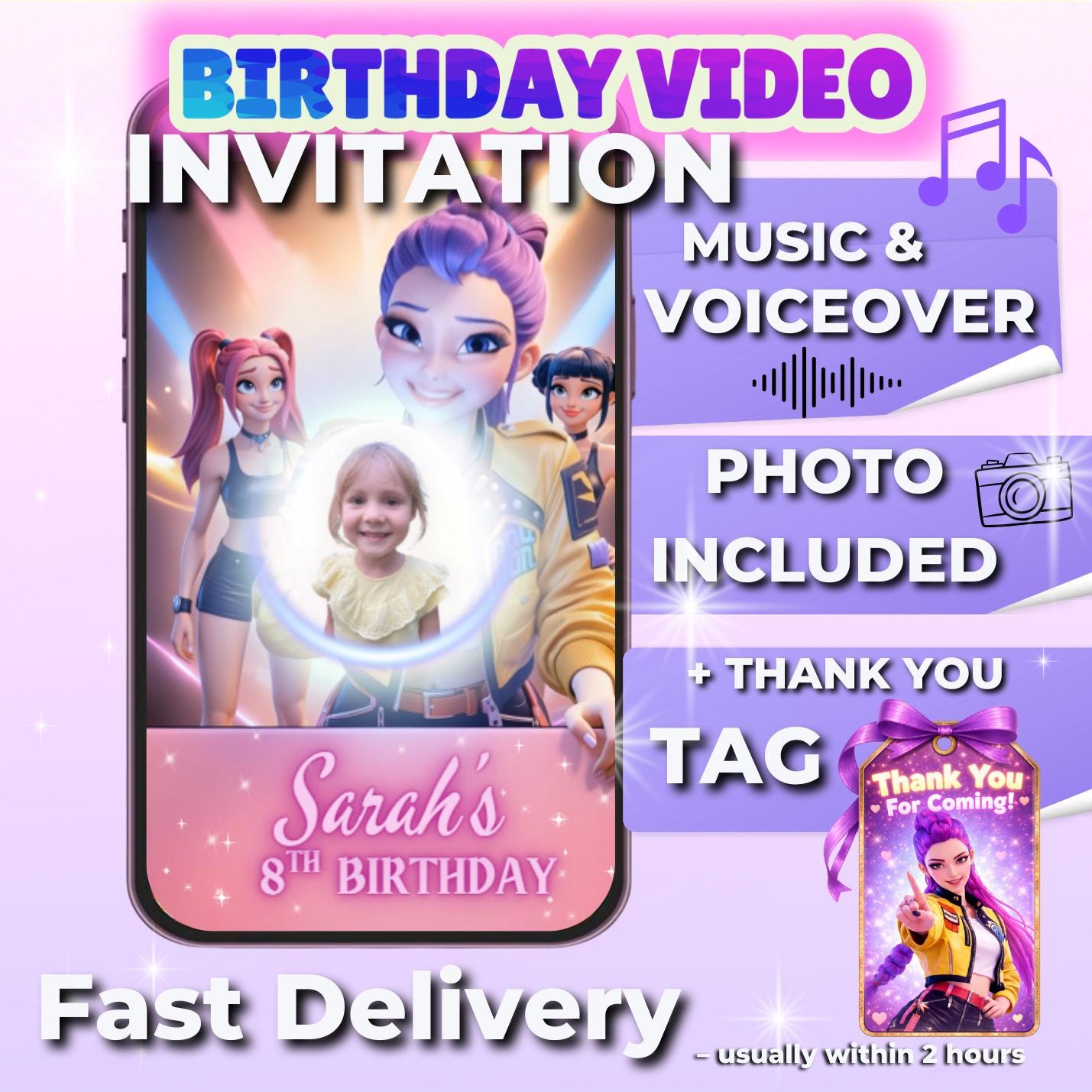 kpop demon hunters birthday video Invitation – huntrix rumi mira zoe Digital Animated invitation|  party invitation and Thank you Tag bundle