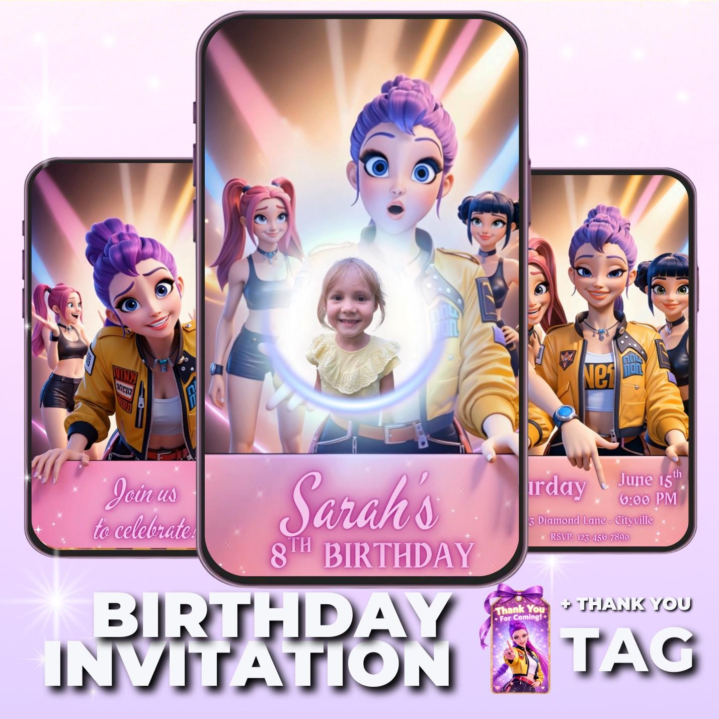 kpop demon hunters birthday video Invitation – huntrix rumi mira zoe Digital Animated invitation|  party invitation and Thank you Tag bundle