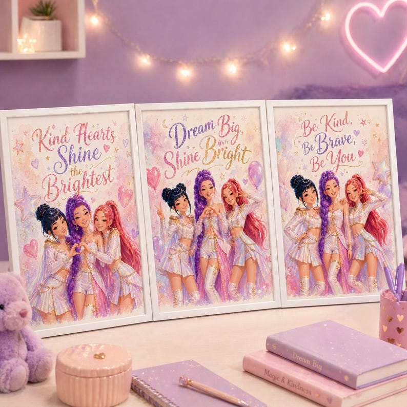 KPOP Demon Hunters Posters Set of 3, A2 Girls Room Decor Wall Art, Motivational Kpop Inspired Digital Prints